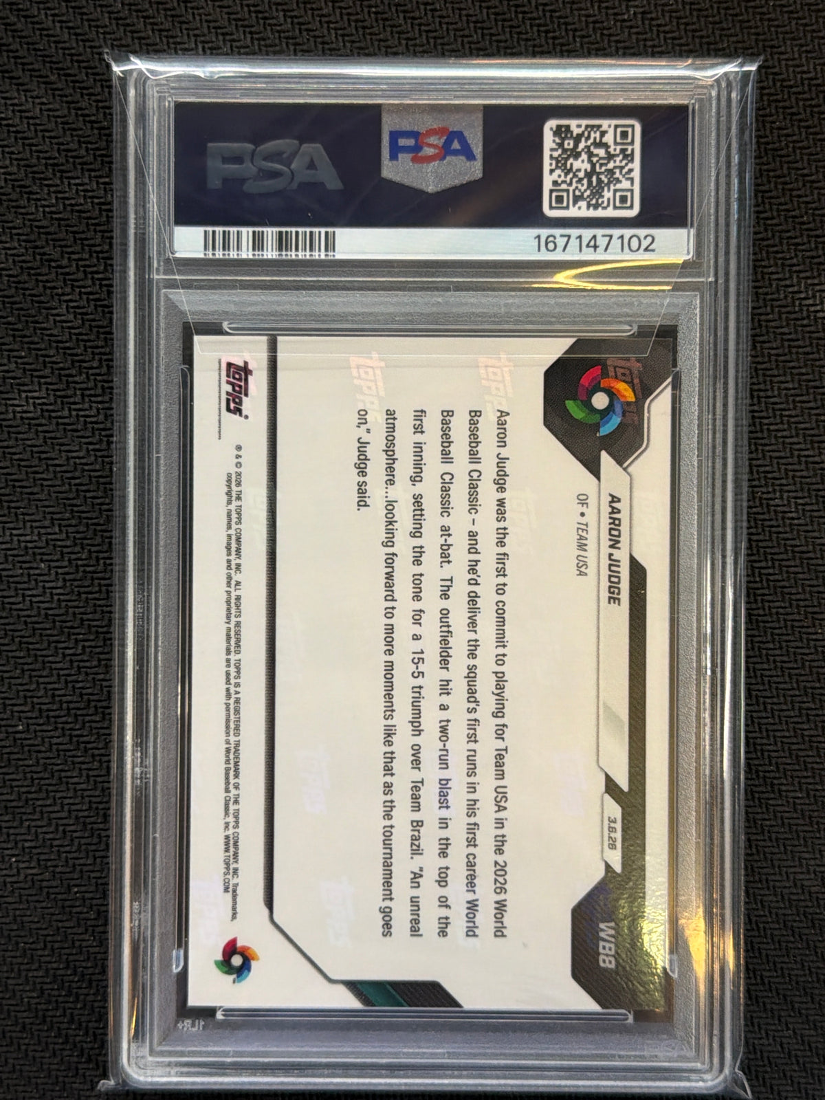 2026 Topps Now WBC Aaron Judge #WB8 Slugs 1st HR PSA 10 102