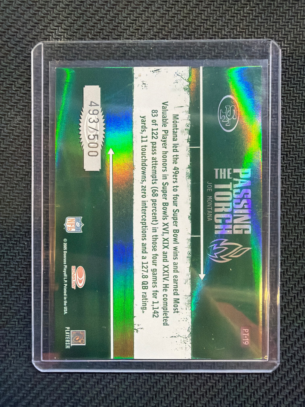 2005 Donruss Playoff Joe Montana Passing The Torch /500 Green 49ers