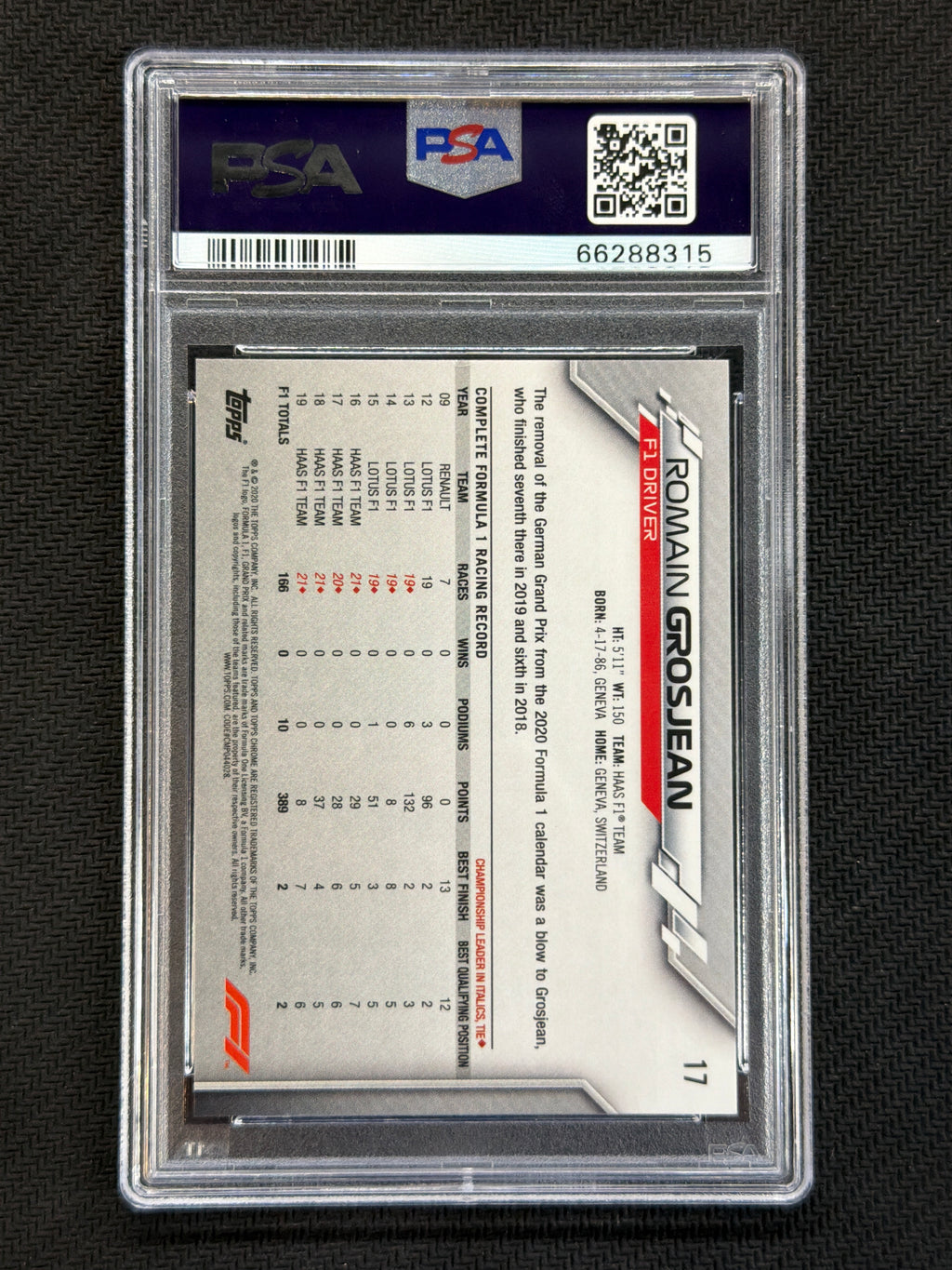 2020 Topps Chrome F1 Romain Grosjean 70th Gold PSA 9