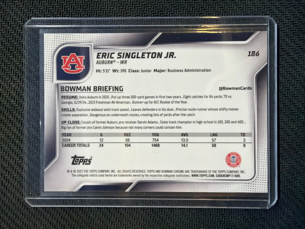 2025 Bowman Chrome U Eric Singleton Aqua /225 Auburn