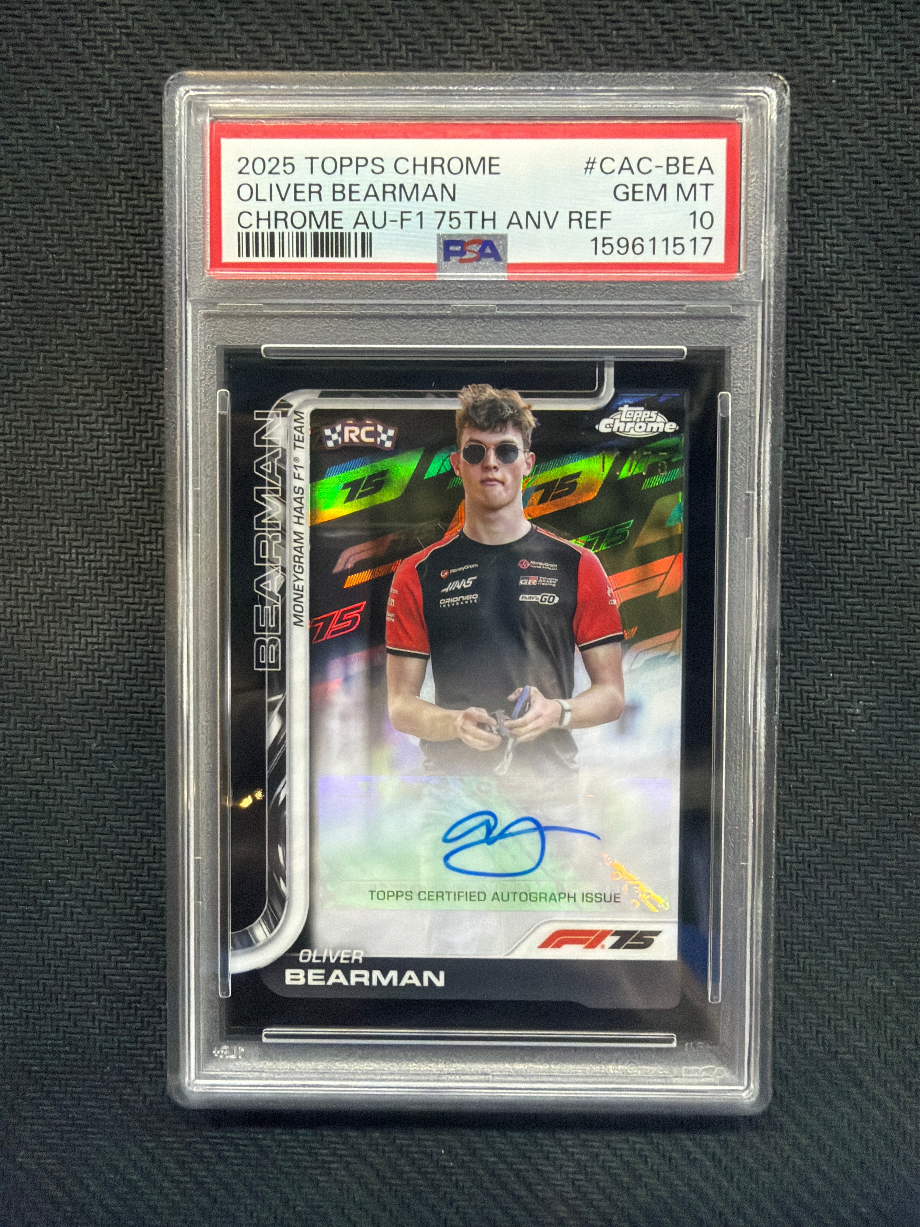 2025 Topps Chrome F1 Oliver Bearman Rookie Auto /75 Logofractor PSA 10  517