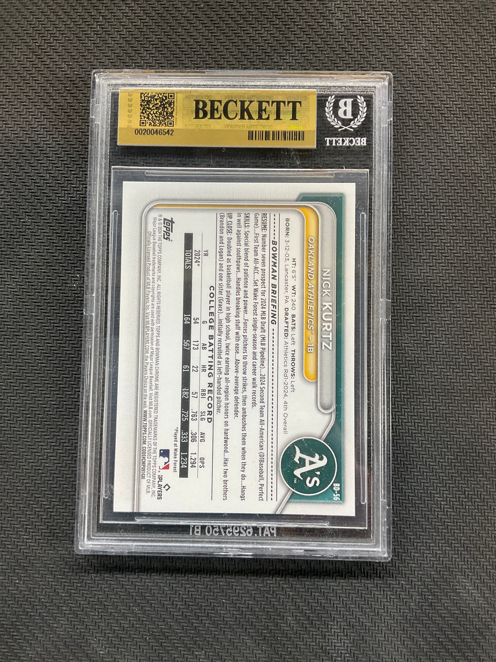 2024 Bowman Draft Paper #BD56 Nick Kurtz BGS 9.5 A's