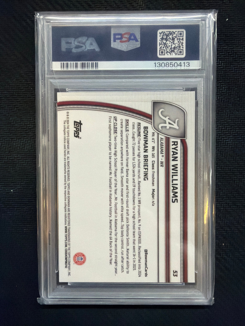 2024 Bowman U Chrome Ryan Williams PSA 10 Alabama 413