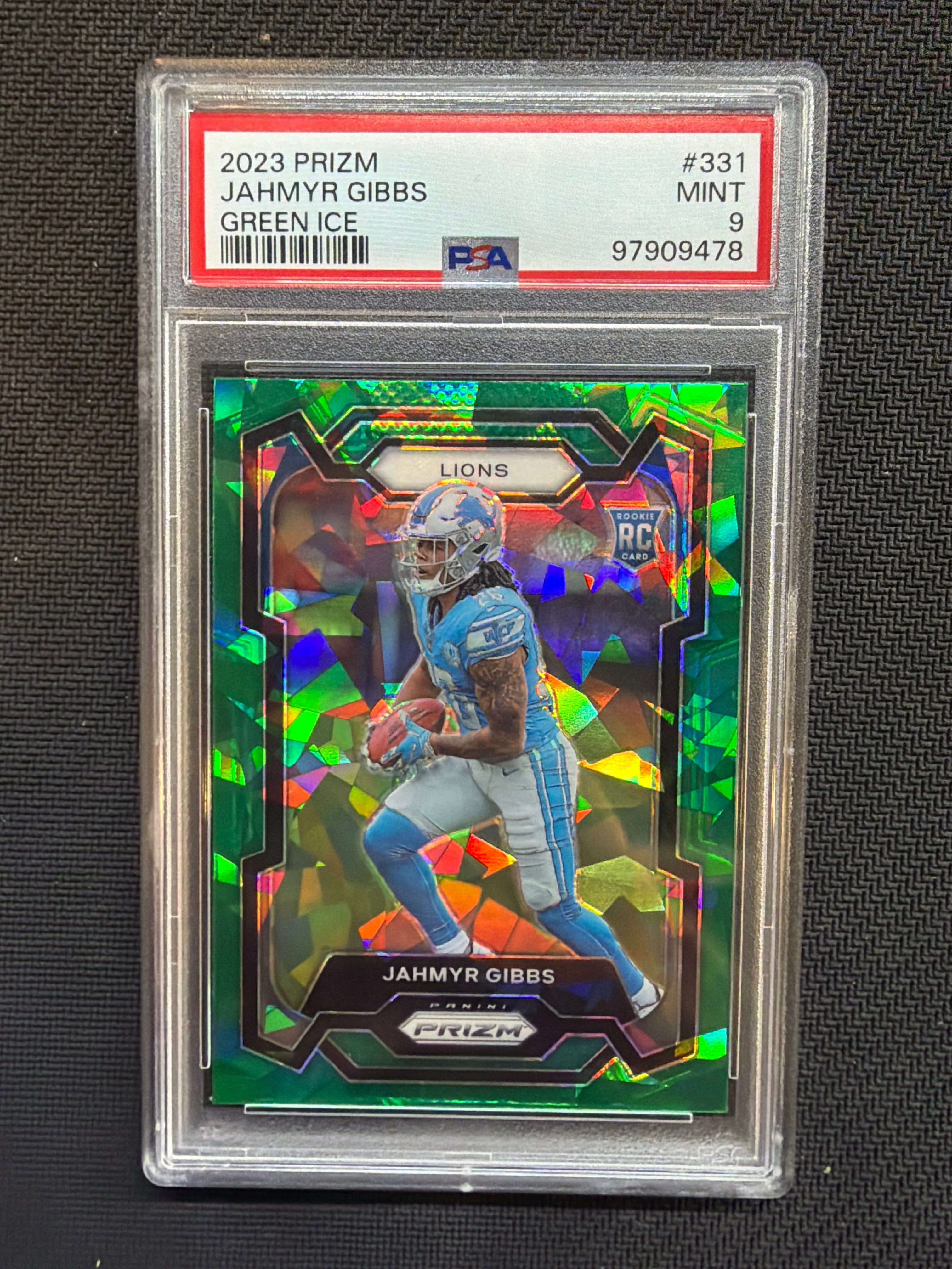 2023 Prizm Jahmyr Gibbs Green Ice Rookie PSA 9 Lions