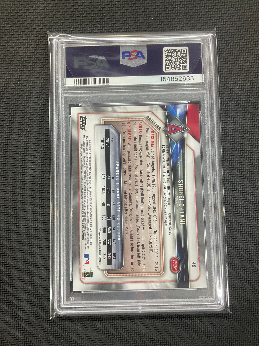 2018 Bowman Shohei Ohtani #49 Rookie PSA 10 633 Angels