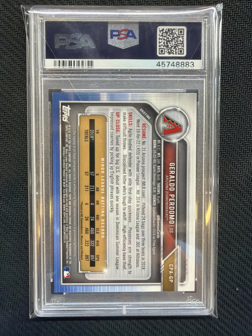 2019 Bowman Chrome Geraldo Perdomo 1st Auto Purple Refractor /250 PSA 9 Diamondbacks