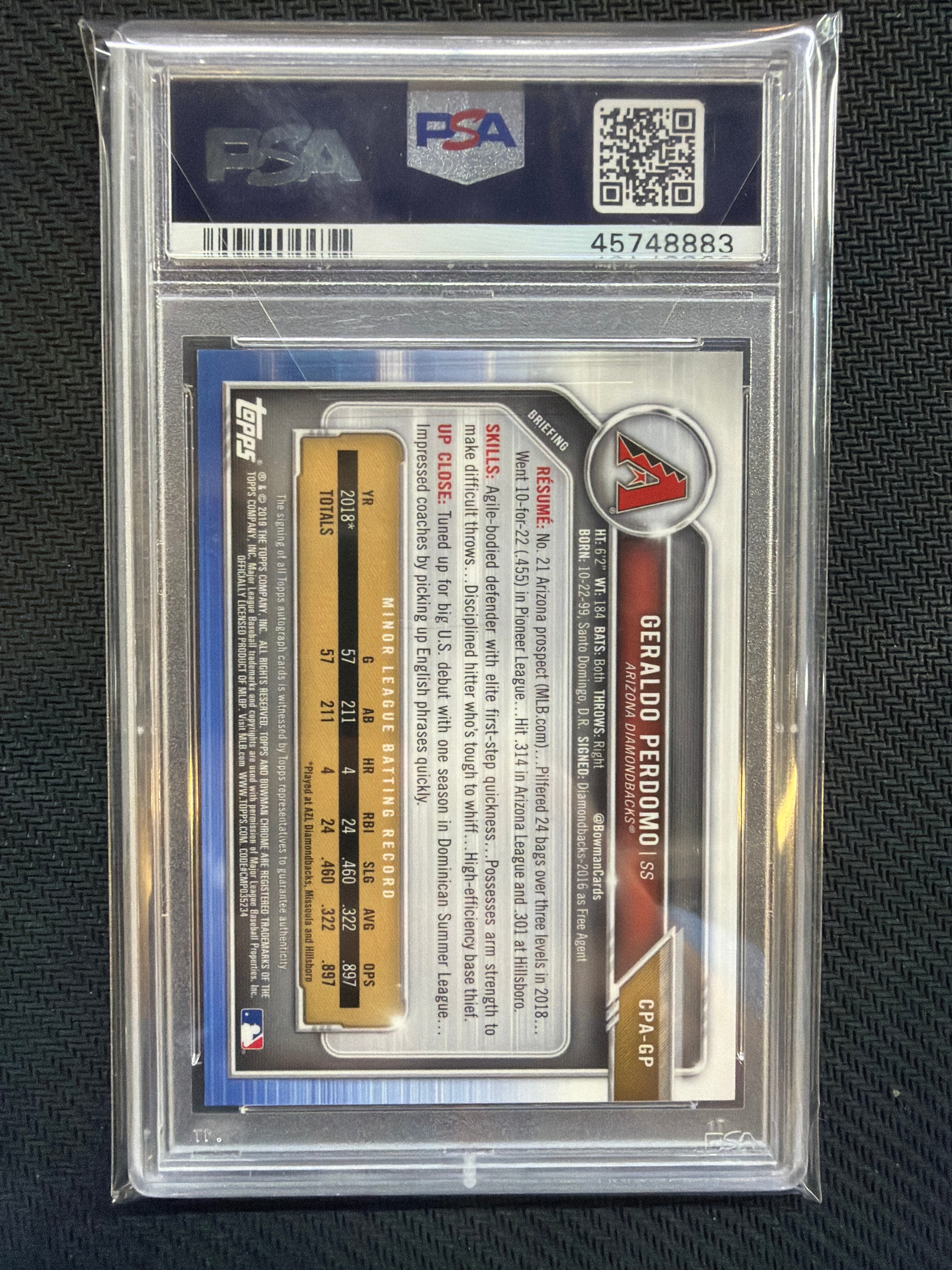 2019 Bowman Chrome Geraldo Perdomo 1st Auto Purple Refractor /250 PSA 9 Diamondbacks