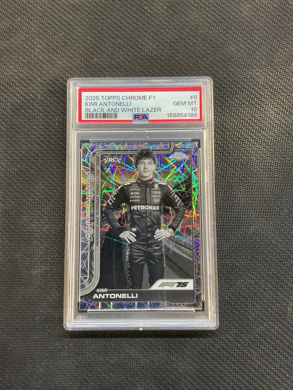 2025 Topps Chrome F1 Kimi Antonelli Black and White Lazer Rookie PSA 10