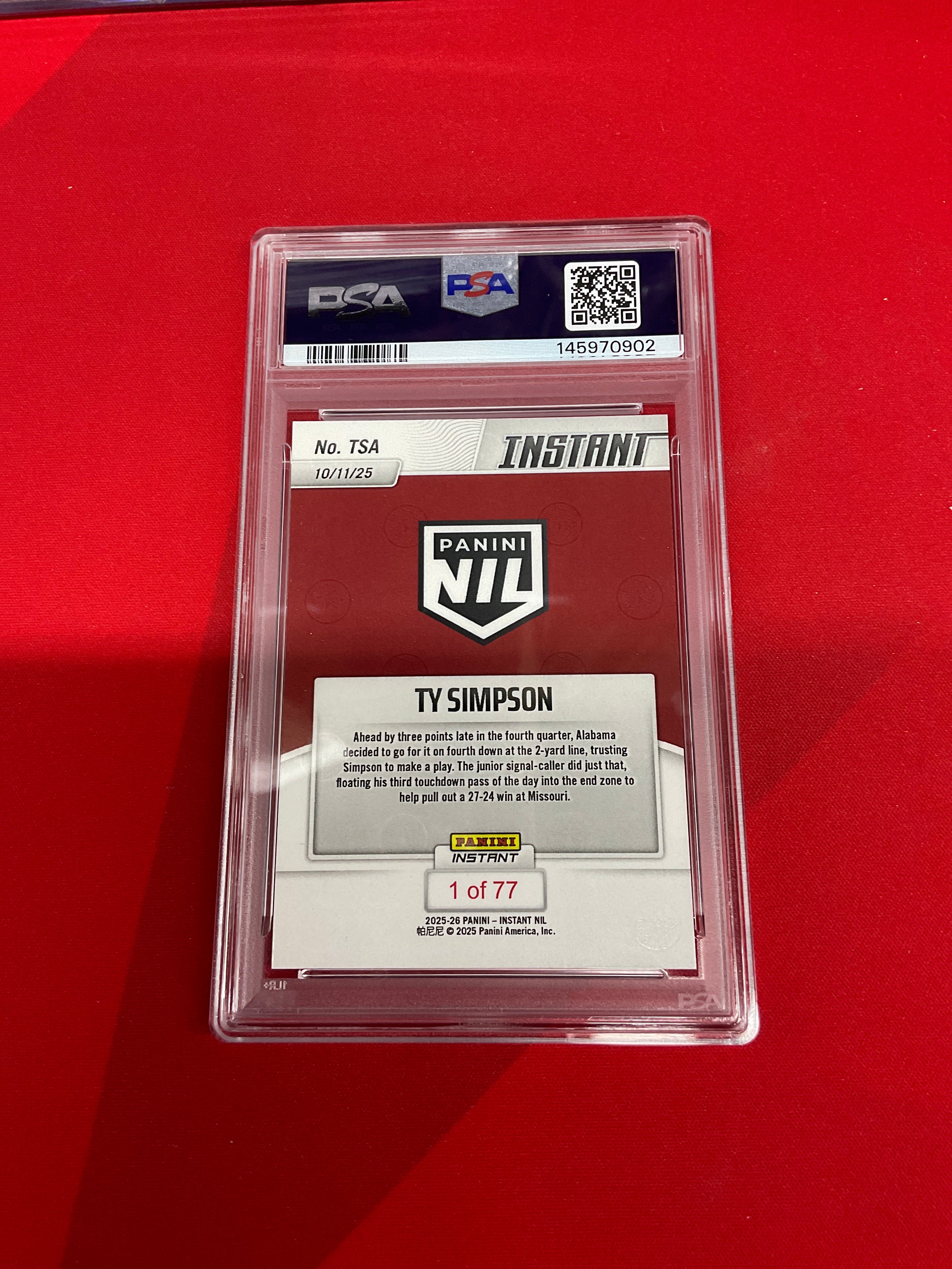 2025 Panini Instant NIL Ty Simpson Rookie PSA 10 Alabama 902