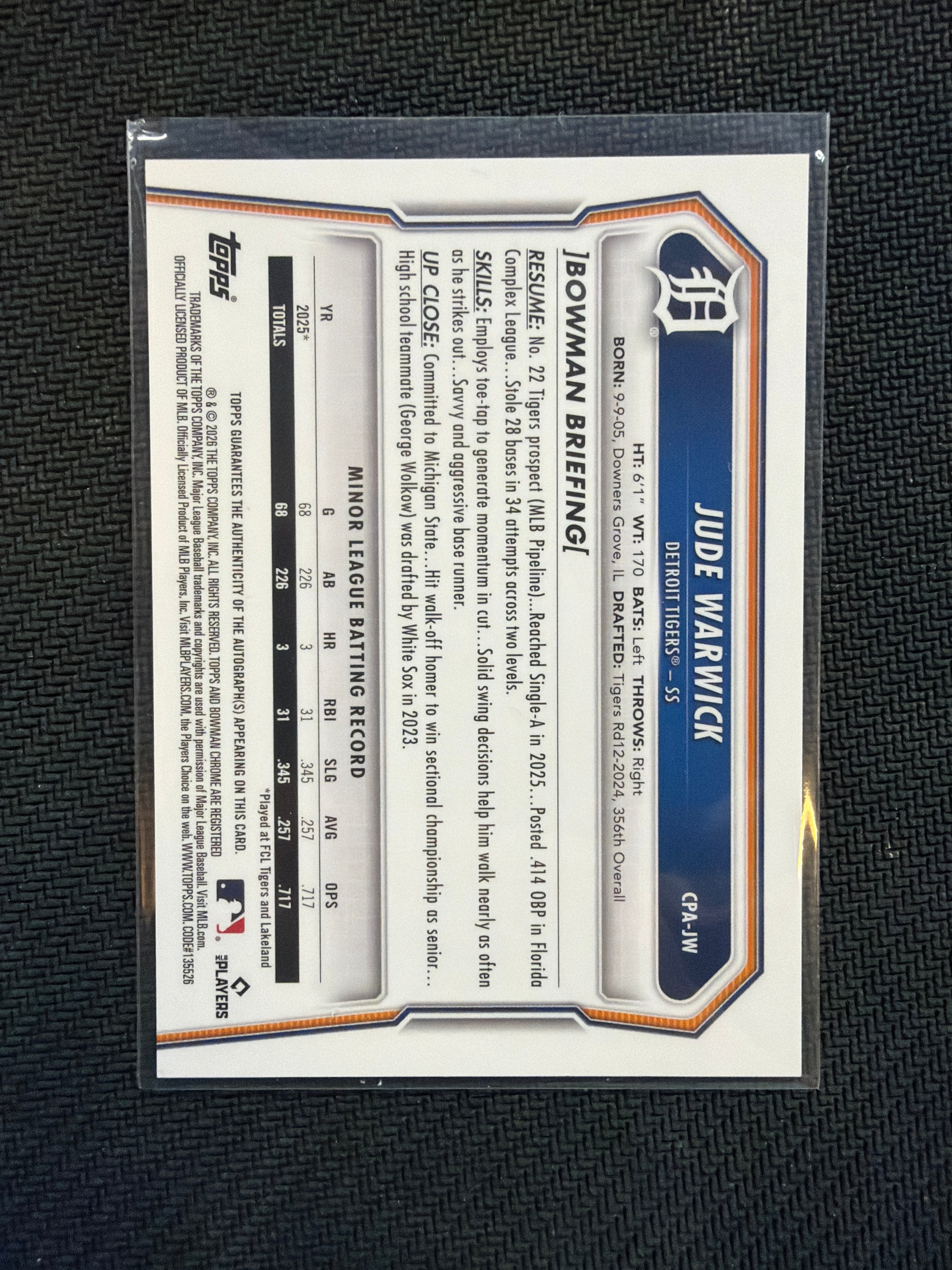 2026 Bowman Chrome Jude Warwick Green Grass 1st Auto /99