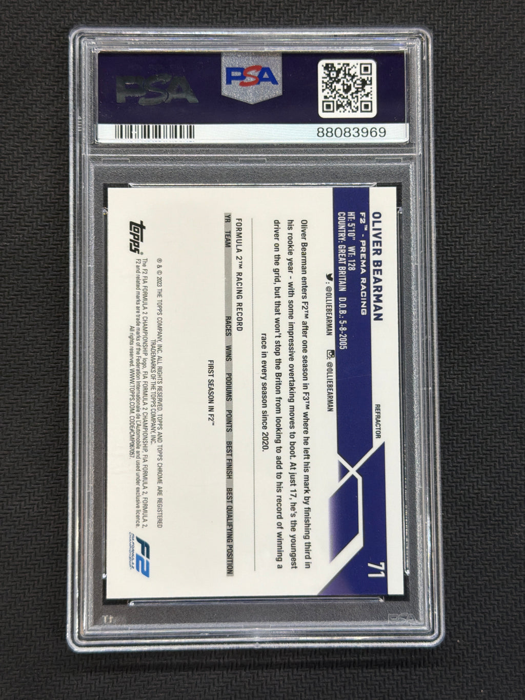 2023 Topps Chrome F1 Oliver Bearman Rookie Refractor #71 PSA 10