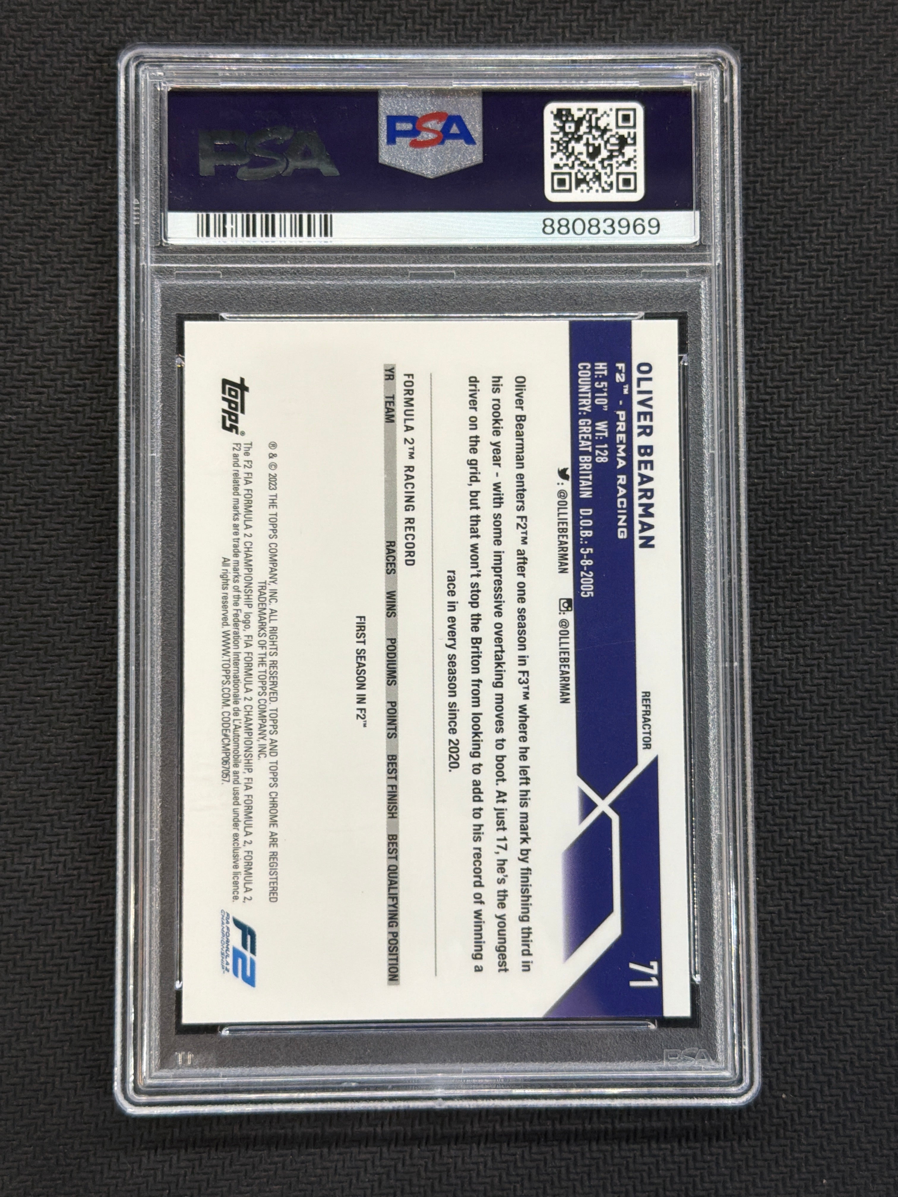 2023 Topps Chrome F1 Oliver Bearman Rookie Refractor #71 PSA 10