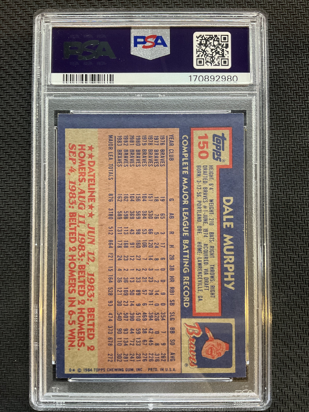 1984 Topps #150 Dale Murphy PSA 7