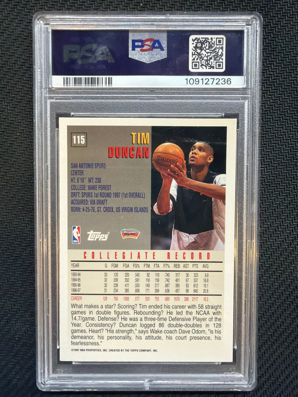 1997 Topps Tim Duncan #115 PSA 10 Spurs
