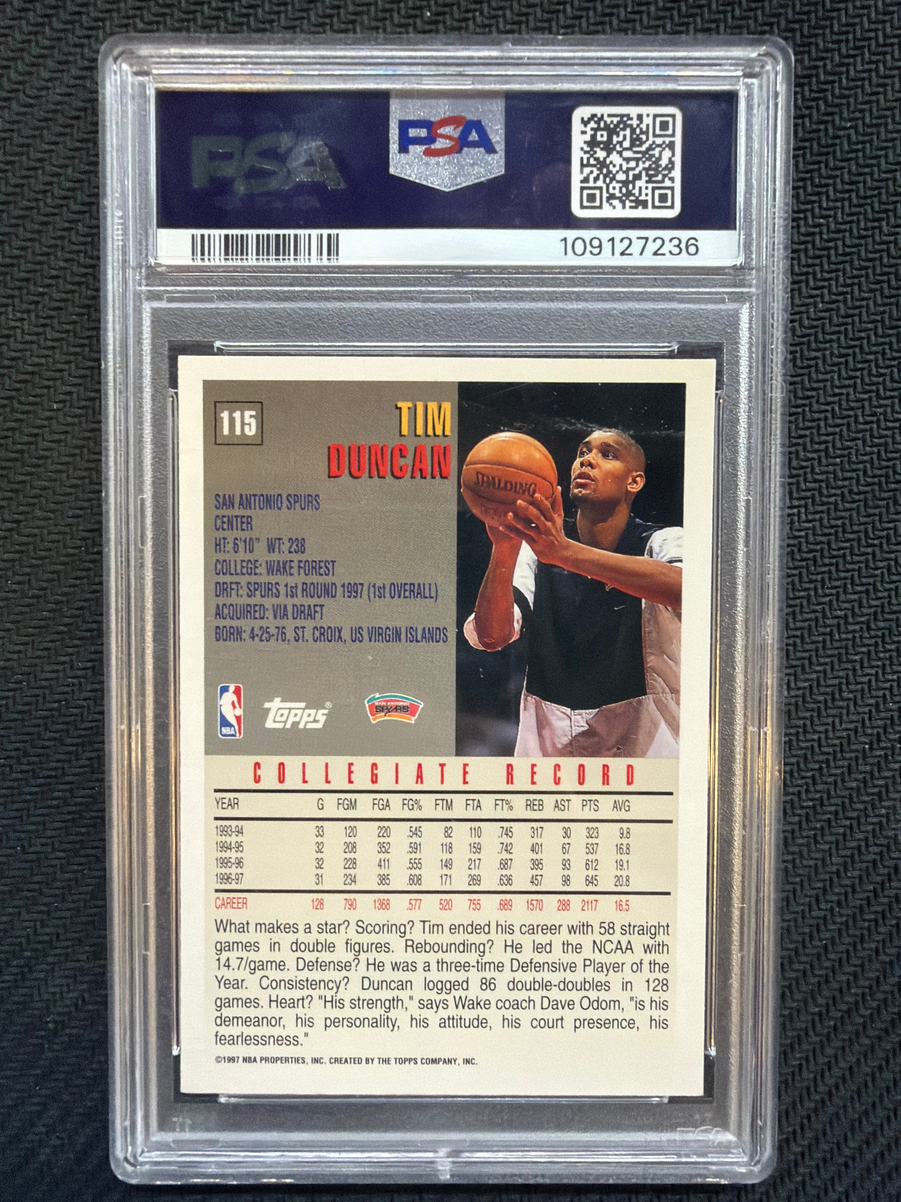 1997 Topps Tim Duncan #115 PSA 10 Spurs