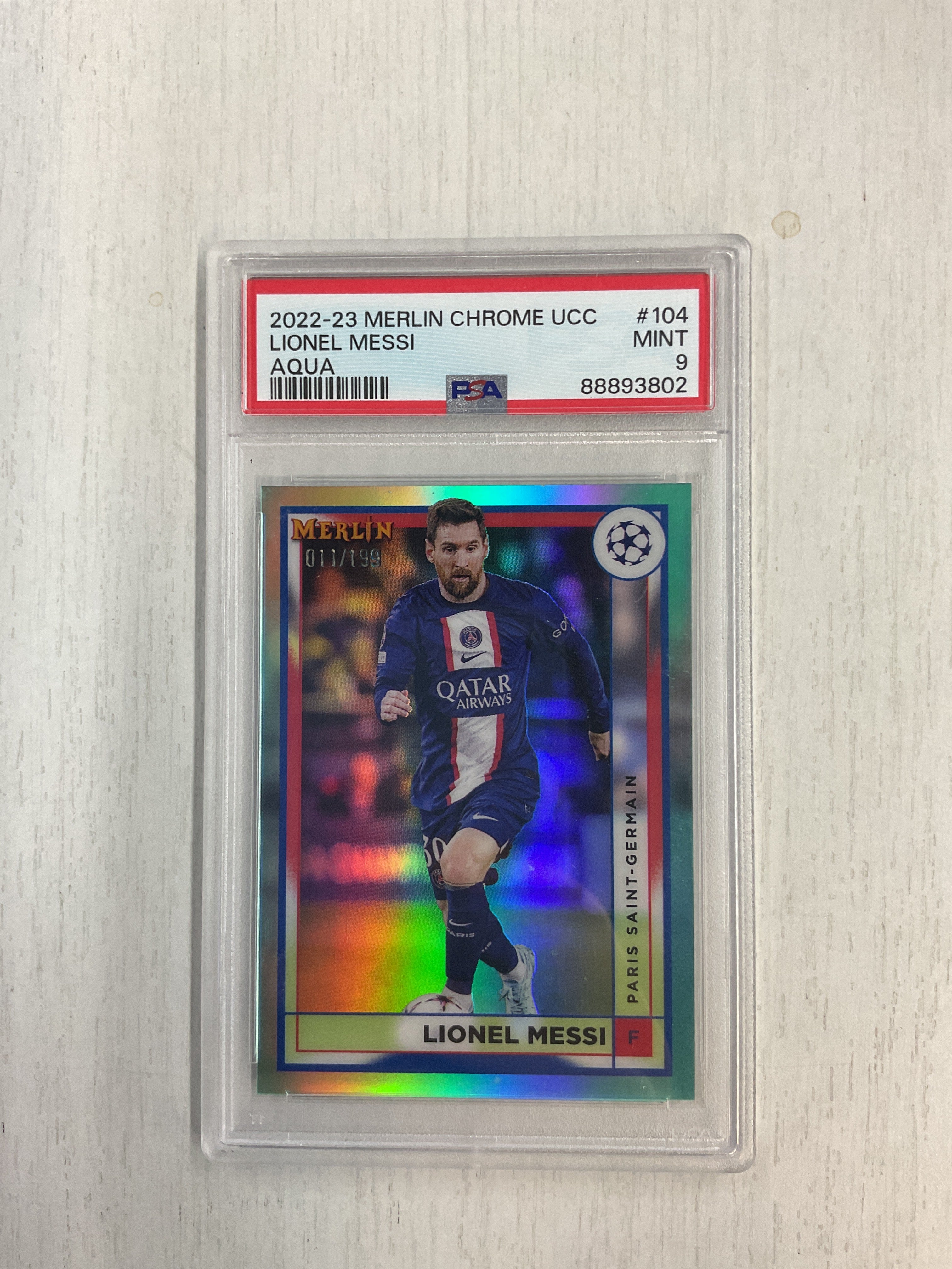 2022-23 Merlin Chrome Lionel Messi Aqua /199 PSA 9