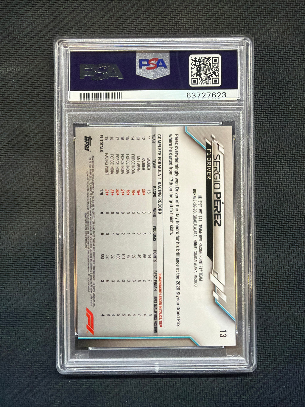 2020 Topps Chrome F1 Sapphire Sergio Perez #13 PSA 9 623