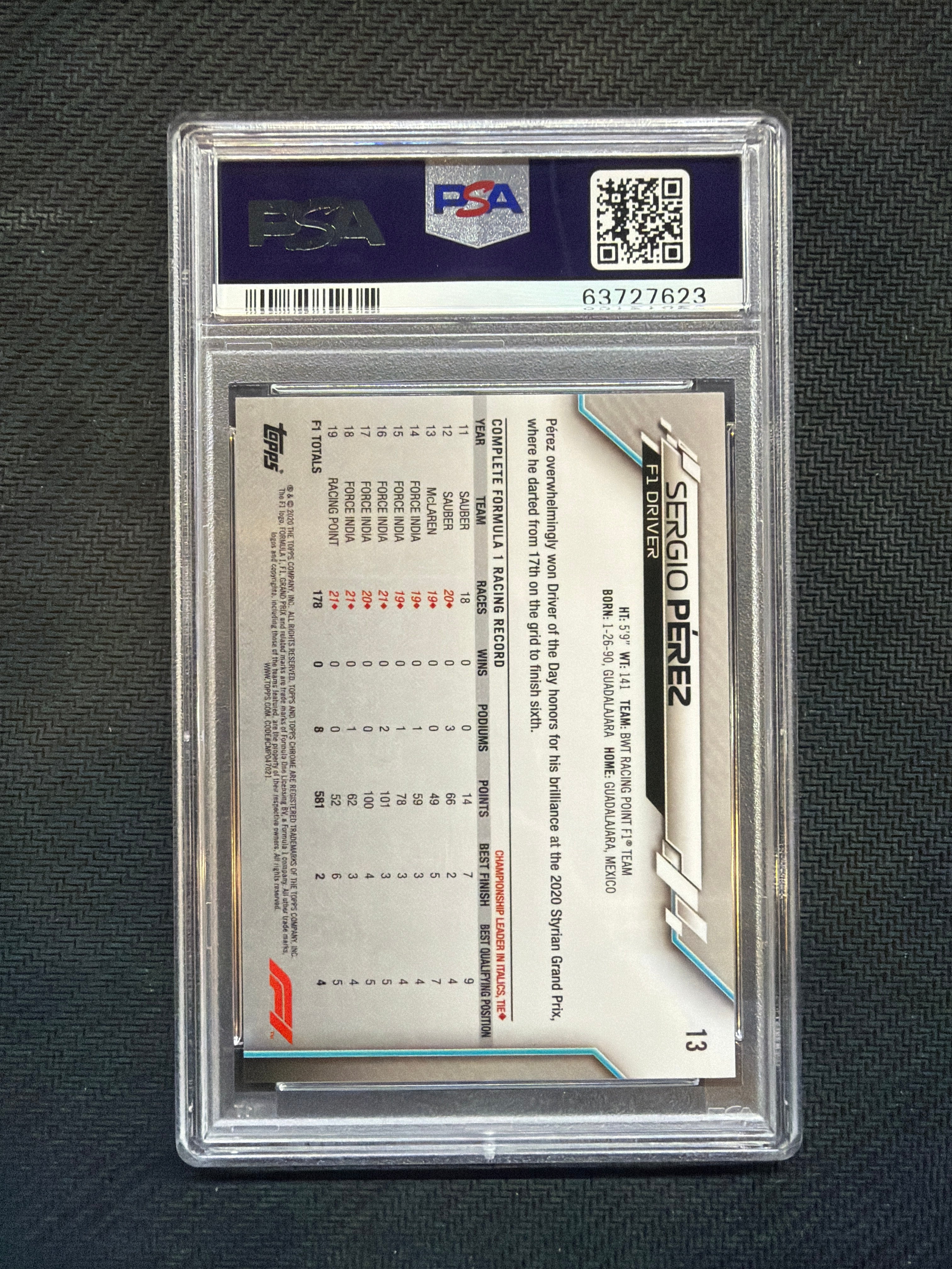 2020 Topps Chrome F1 Sapphire Sergio Perez #13 PSA 9 623