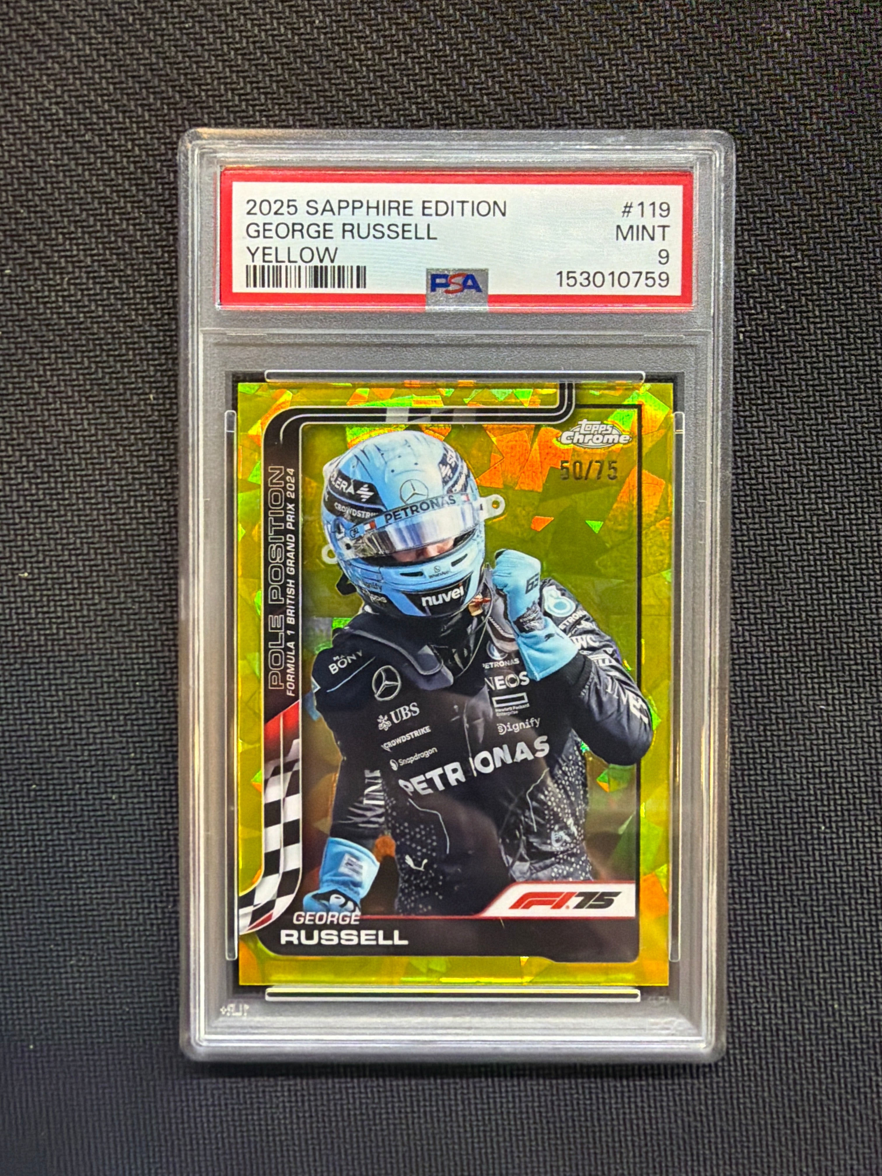 2025 Topps Chrome F1 Sapphire George Russell Yellow /75 PSA 9