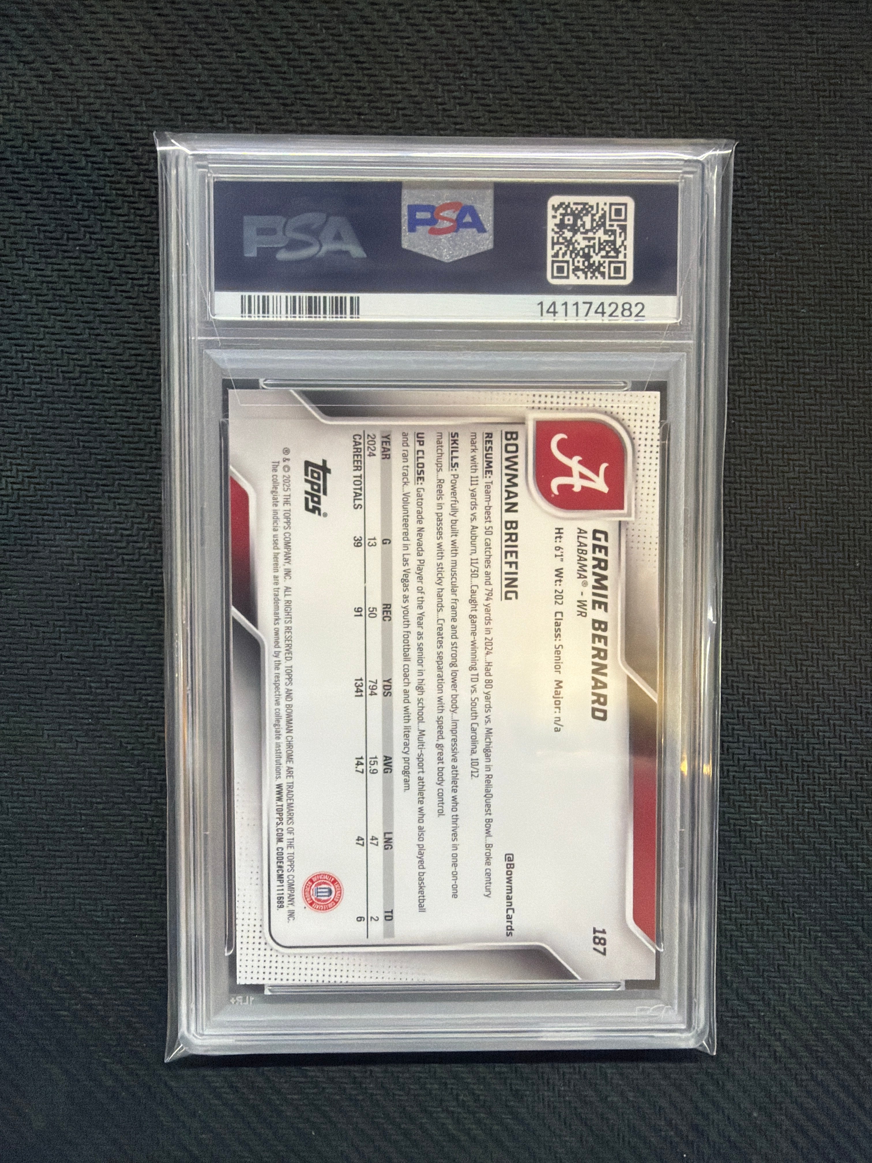 2025 Bowman U Chrome Germie Bernard Fuchsia Mini /225 PSA 10 Alabama 282