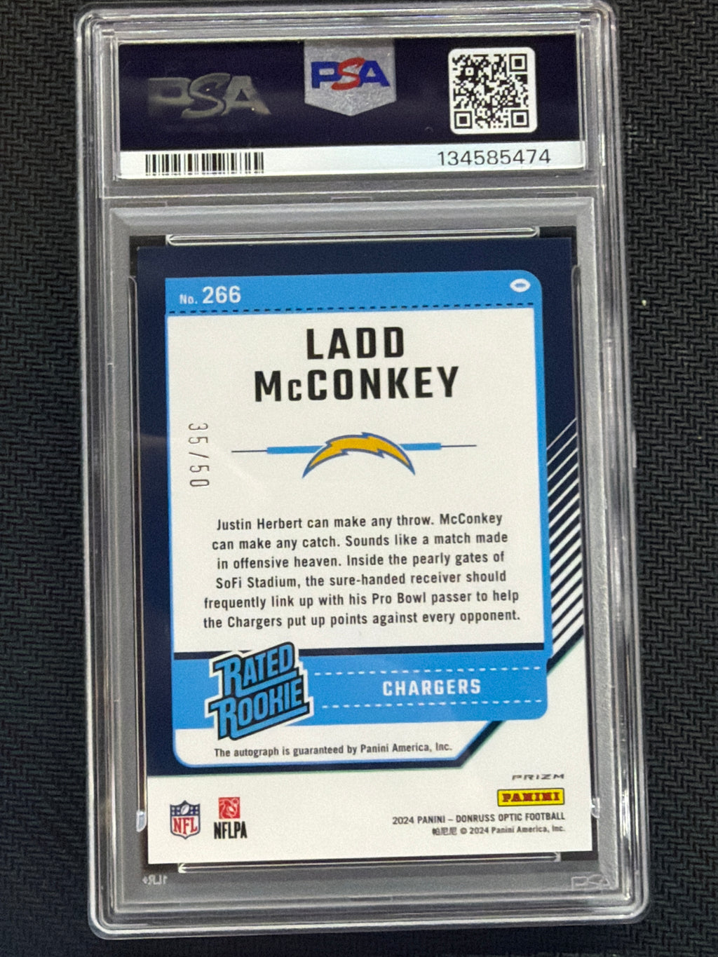 2024 Donruss Optic Ladd McConkey Rookie Auto Pink /50 PSA 9