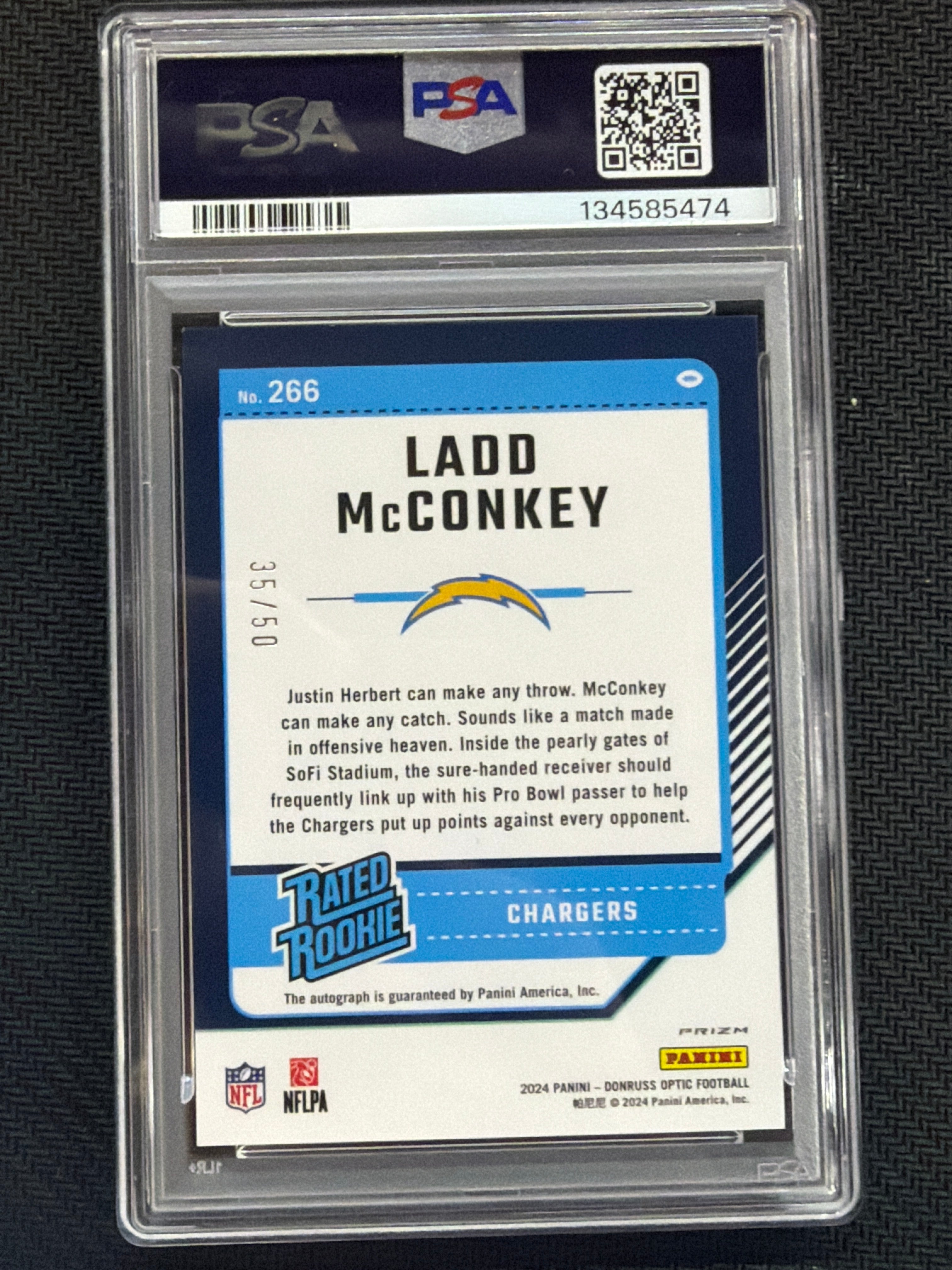2024 Donruss Optic Ladd McConkey Rookie Auto Pink /50 PSA 9