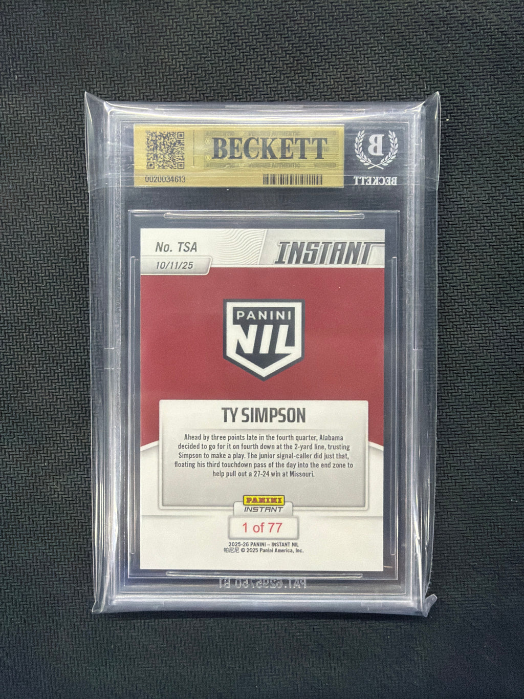 2025 Panini Instant NIL TY Simpson BGS 10 613