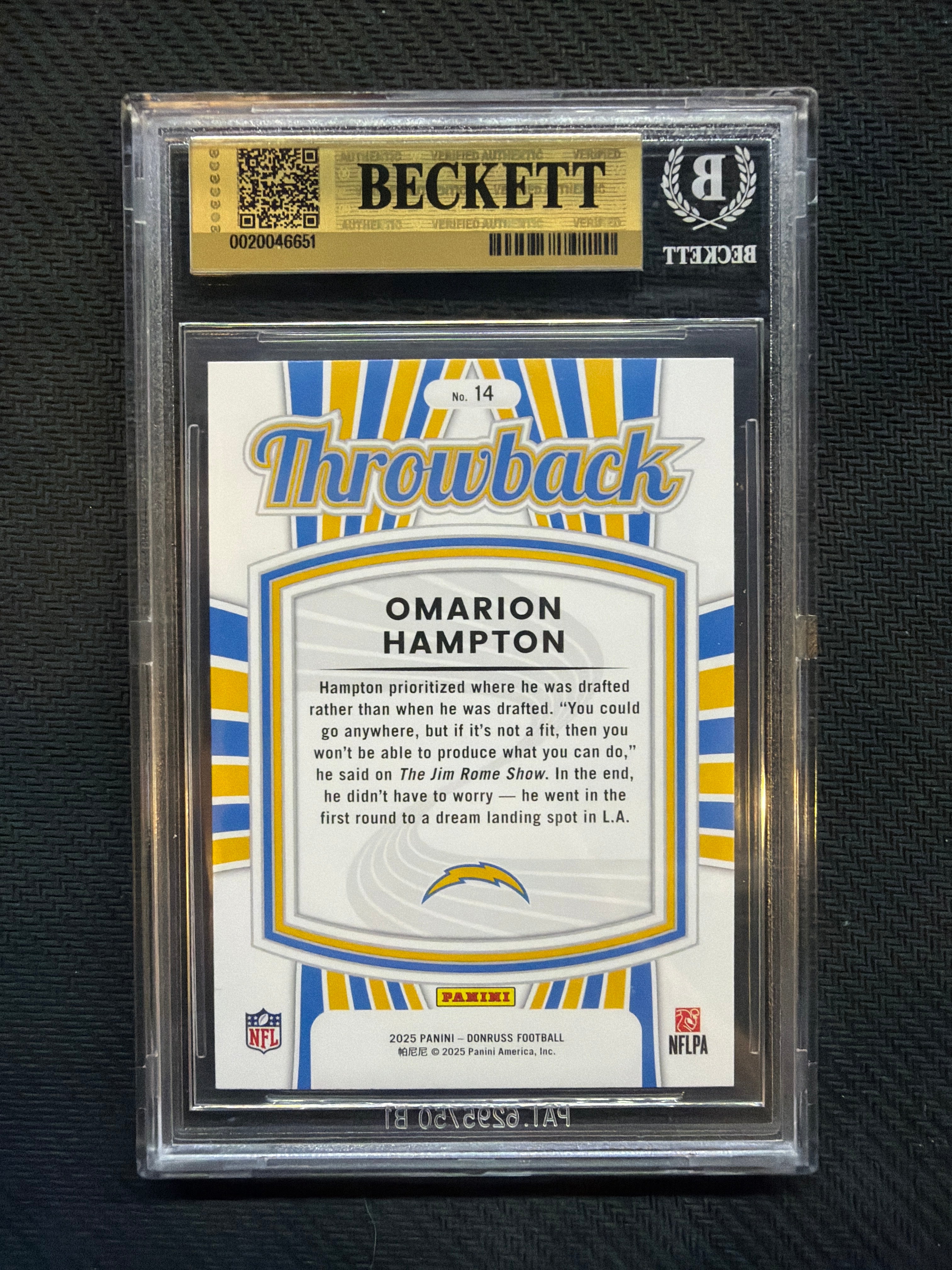 2025 Donruss Rated Rookies Throwback Omarion Hampton BGS 9.5 Chargers