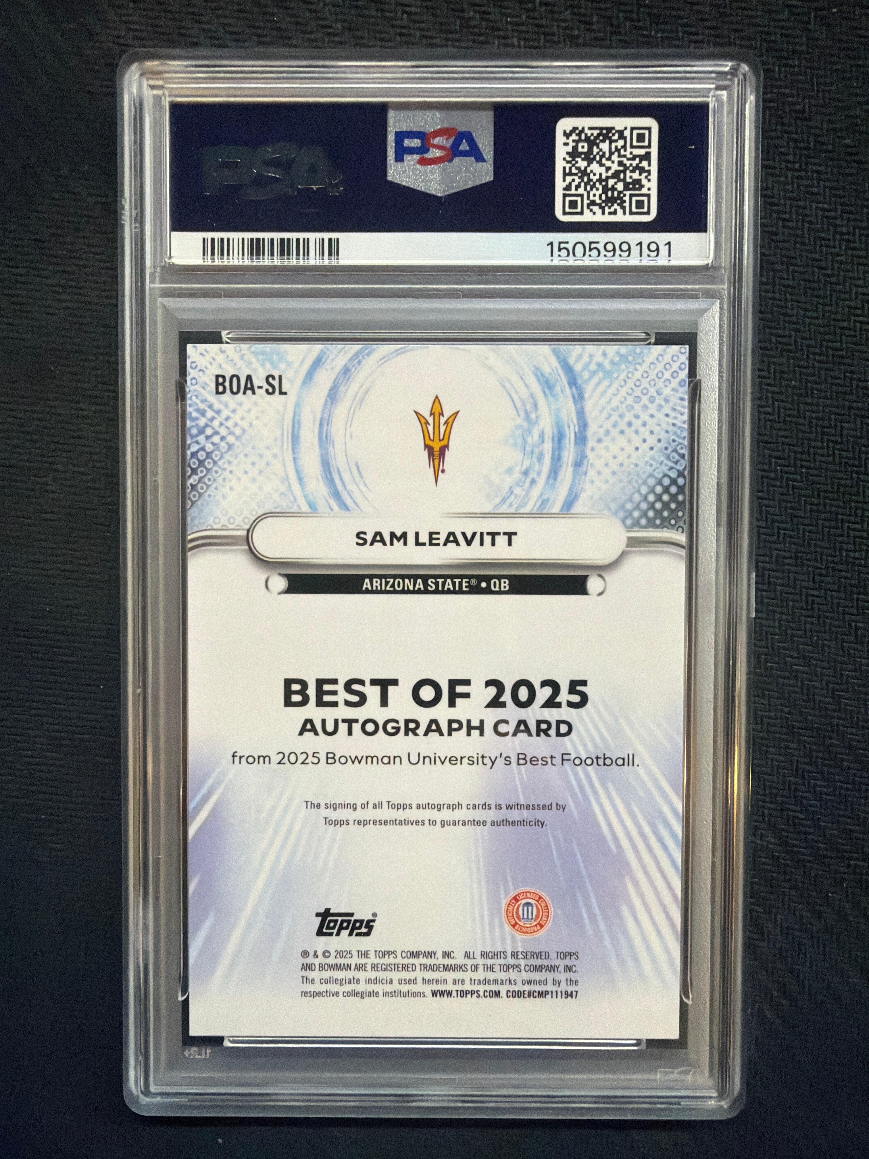 2025 Bowman Best University Sam Leavitt Best of 2025 Autograph PSA 10 Arizona State