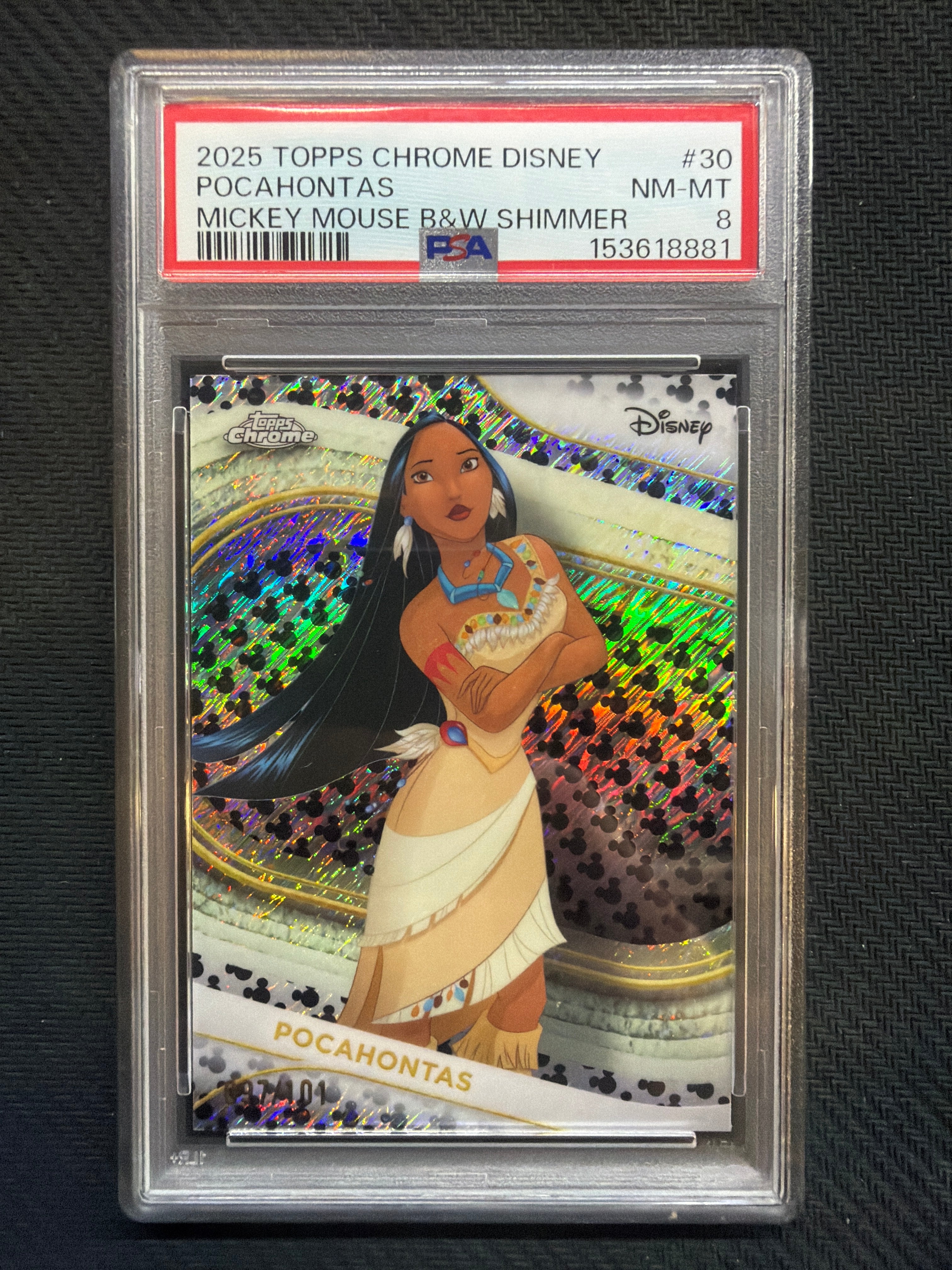 2025 Topps Chrome Disney Pocahontas Mickey Mouse Black & White /101 PSA 8