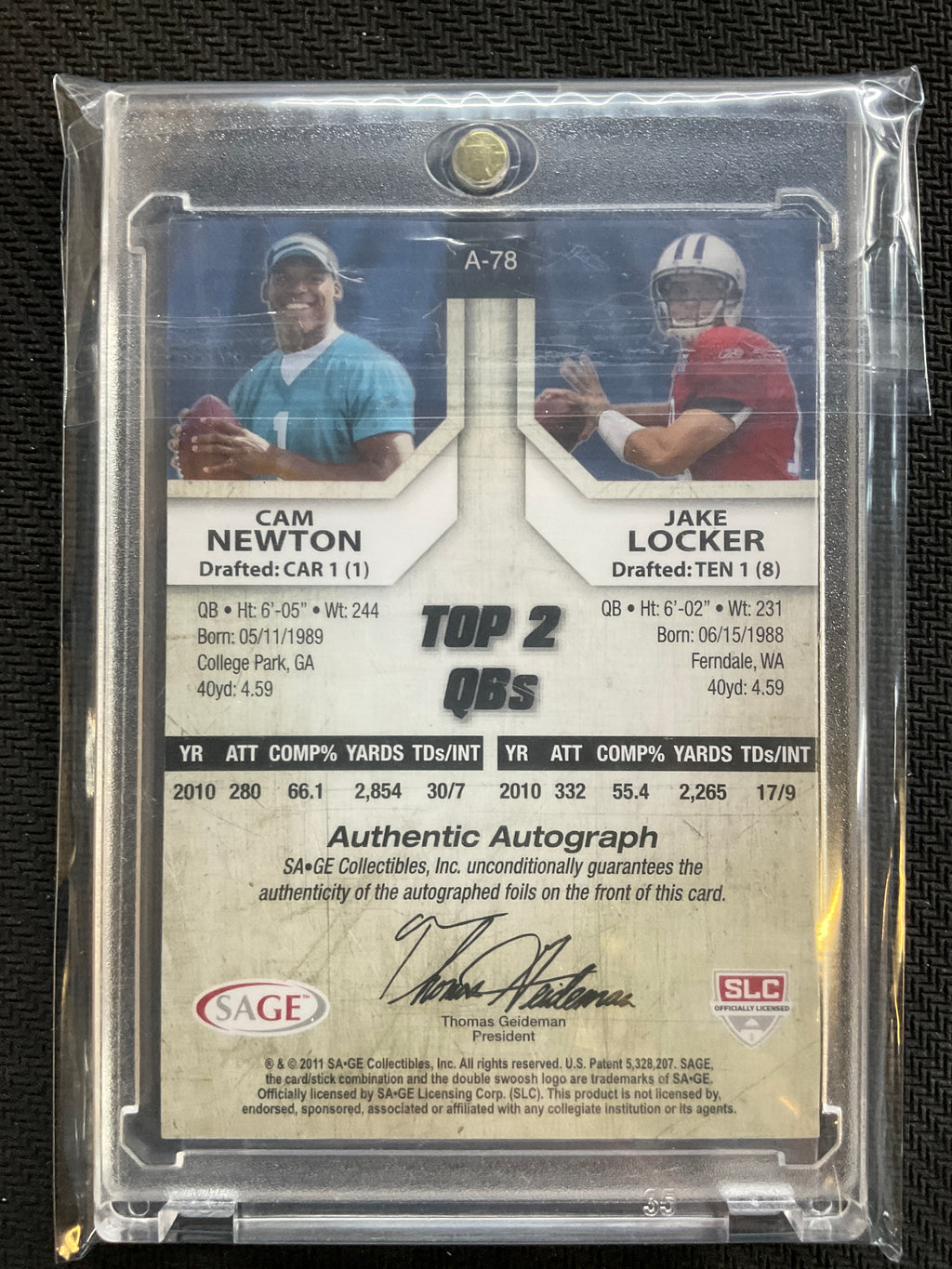 2011 Sage Cam Newton / Jake Locker Rookie Dual Auto /50 Panthers / Titans