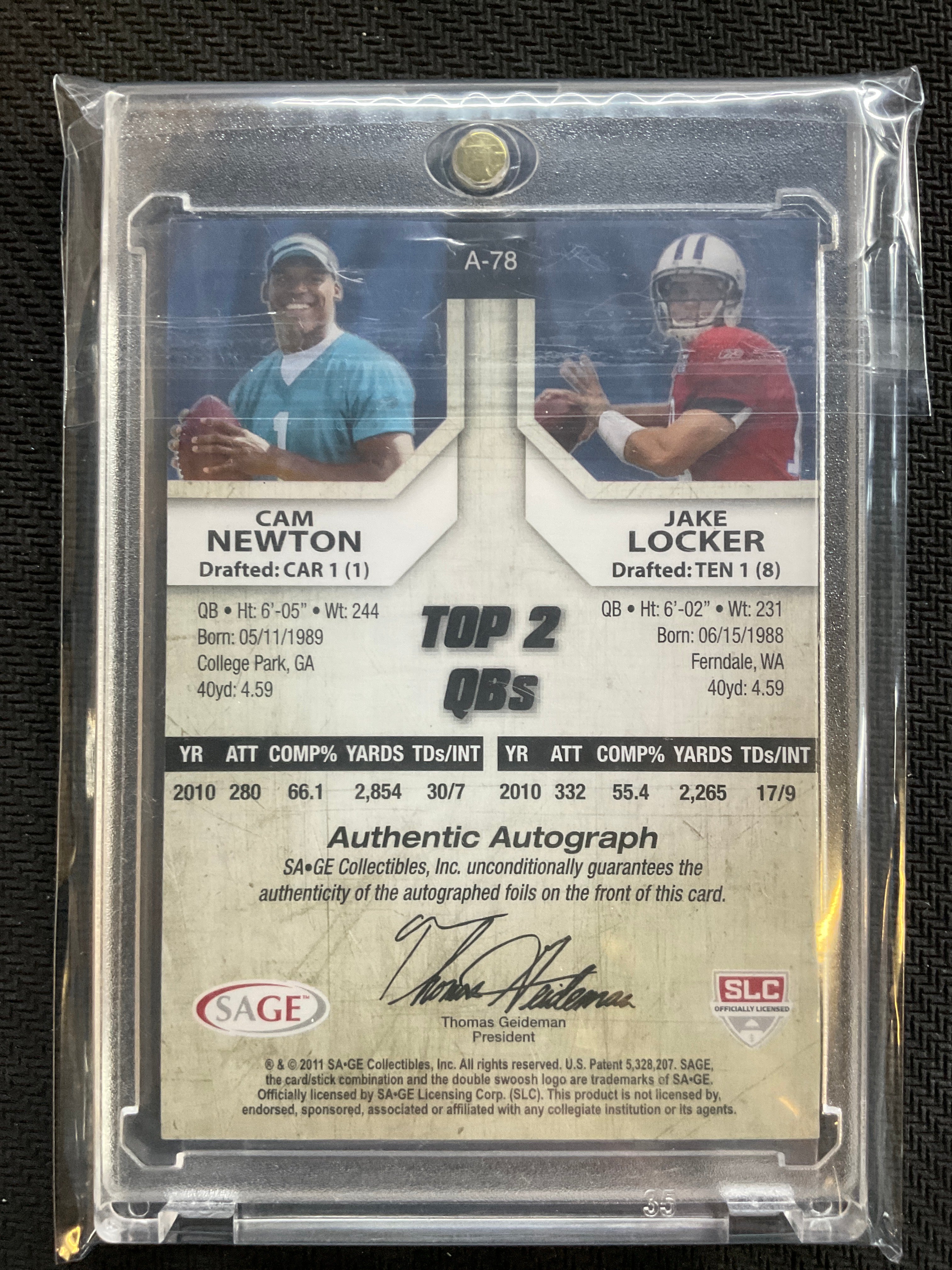 2011 Sage Cam Newton / Jake Locker Rookie Dual Auto /50 Panthers / Titans