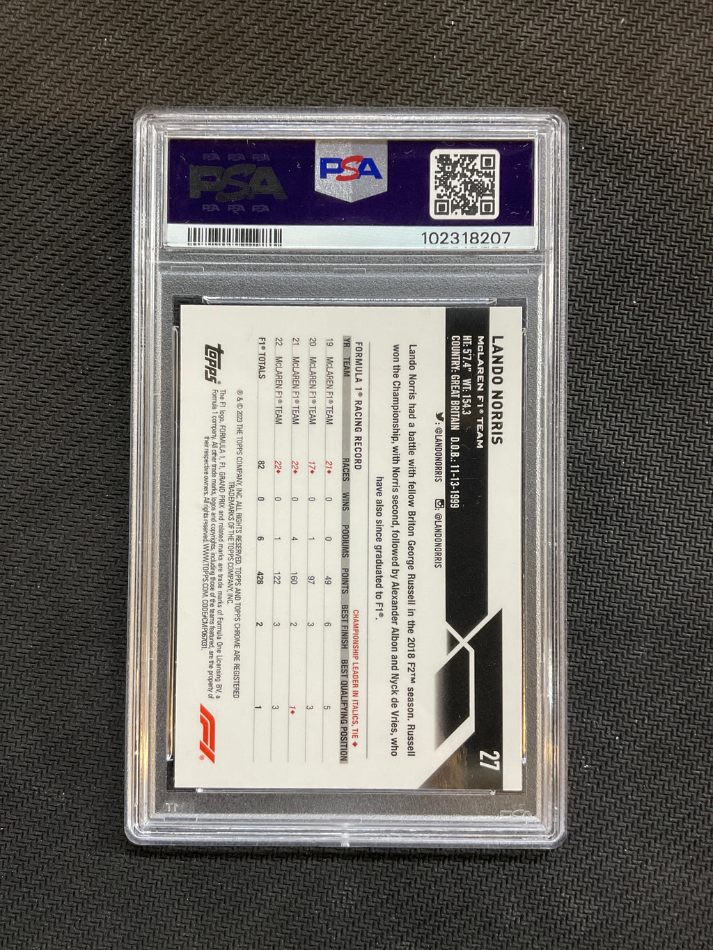 2023 Topps Chorme F1 Lando Norris Pink /75 PSA 10 Mclaren