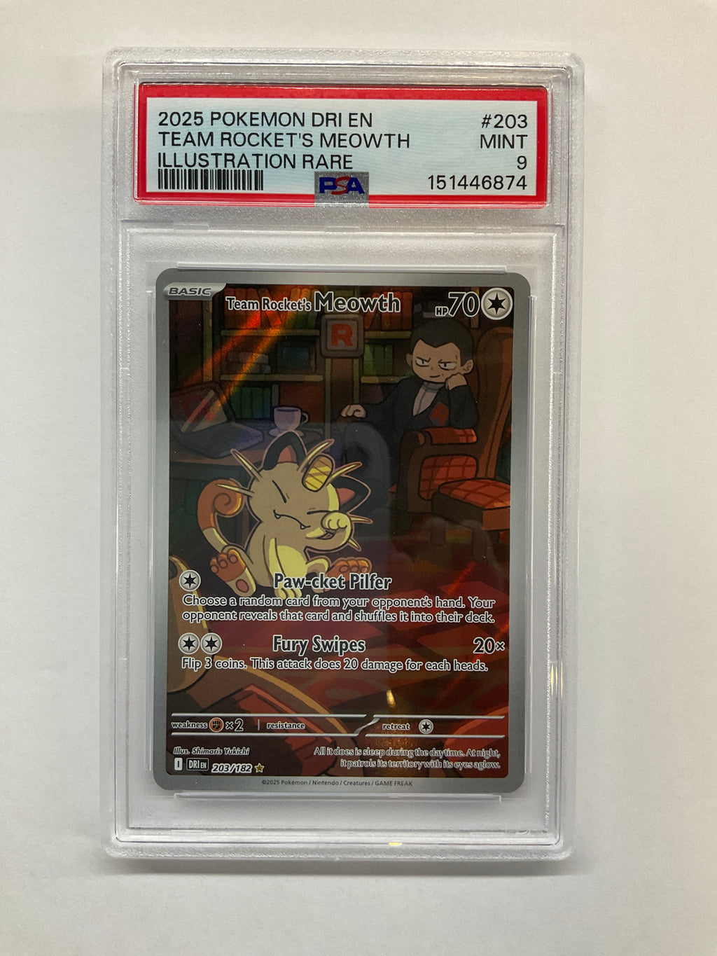 2025  Pokemon Destined Rivals Team Rocket's Meowth 203 PSA 9