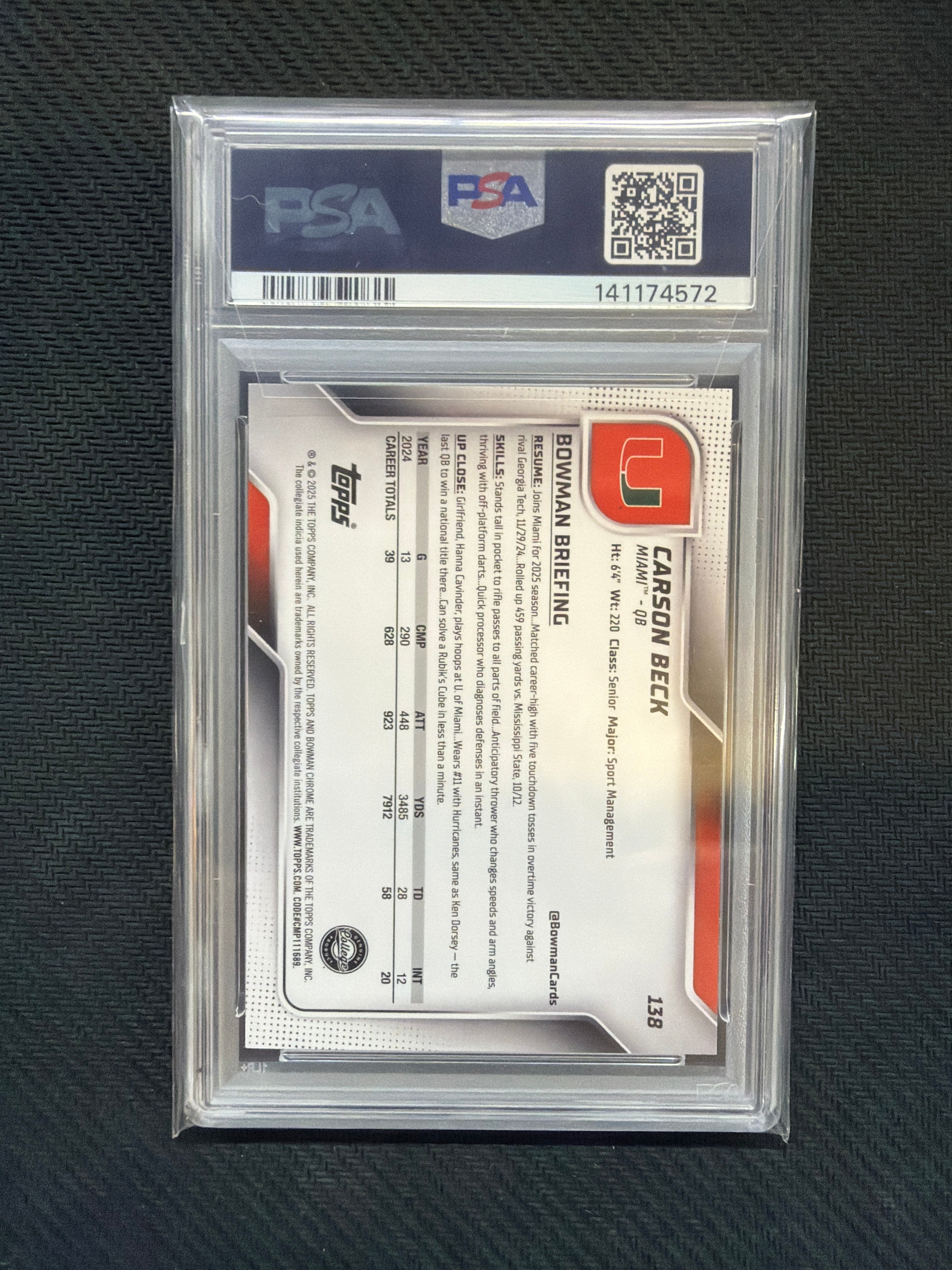 2025 Bowman U Chrome Carson Beck Green Mini /99 PSA 10 Miami
