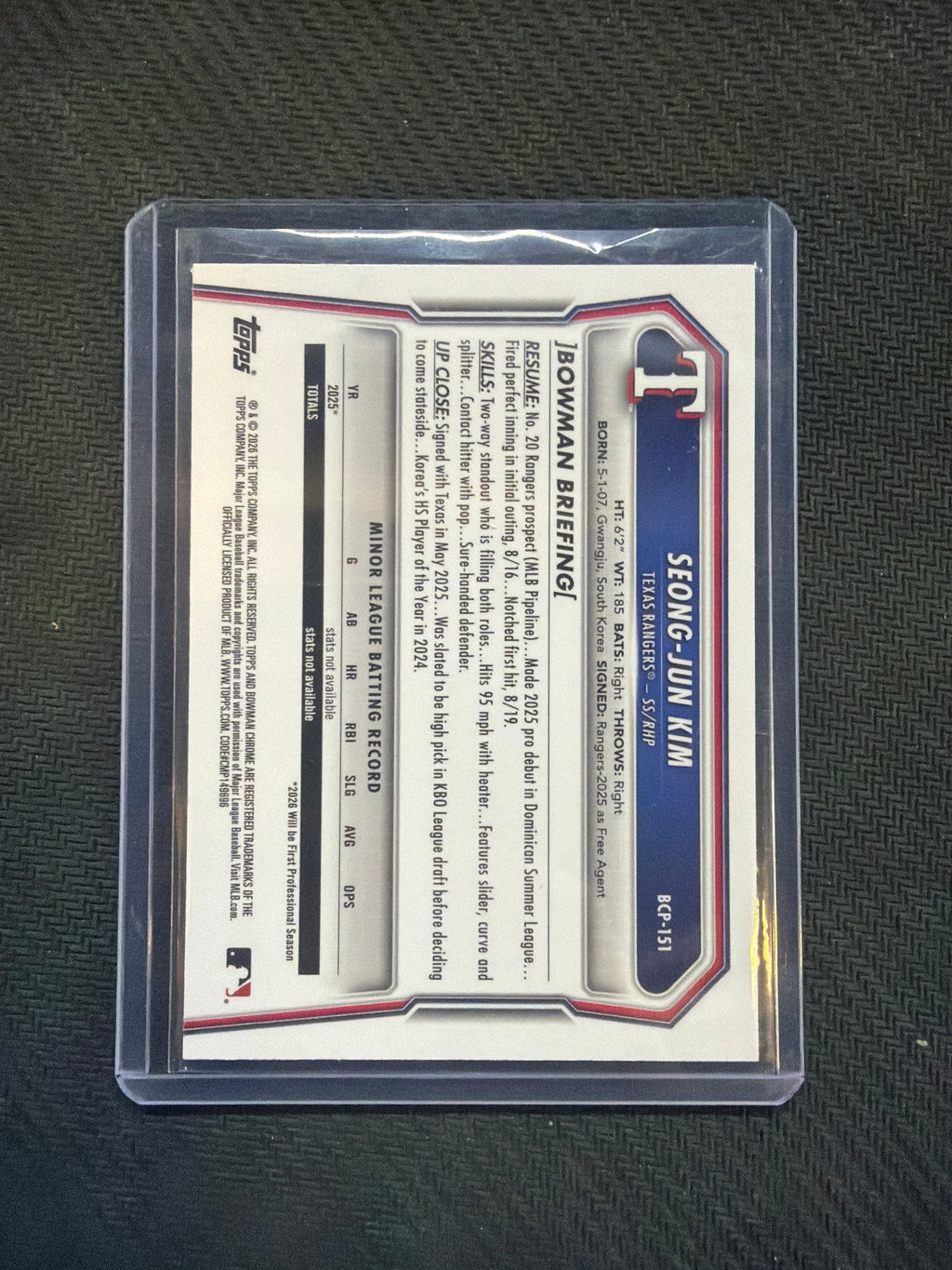 2026 Bowman Chrome Seong Jun Kim 1st Purple Mojo /250 Rangers