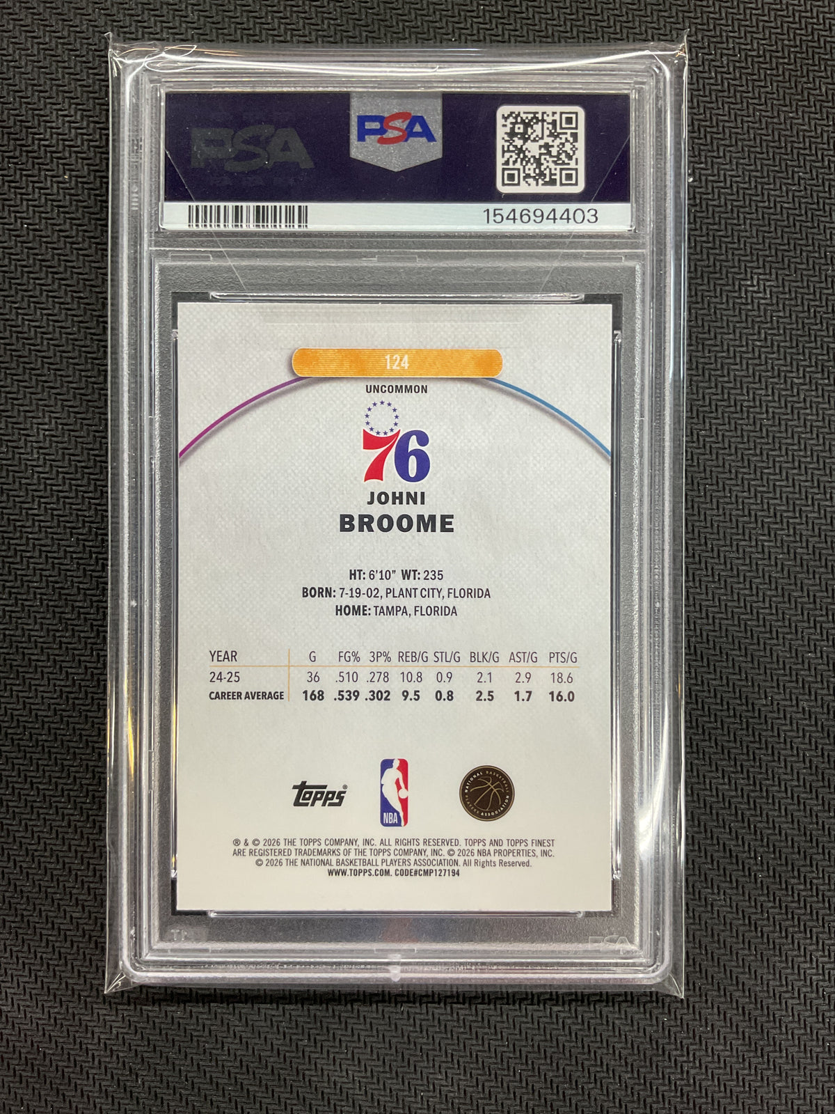 2025 Topps Finest Johni Broome Rookie Purple Refractor /200 PSA 9 403