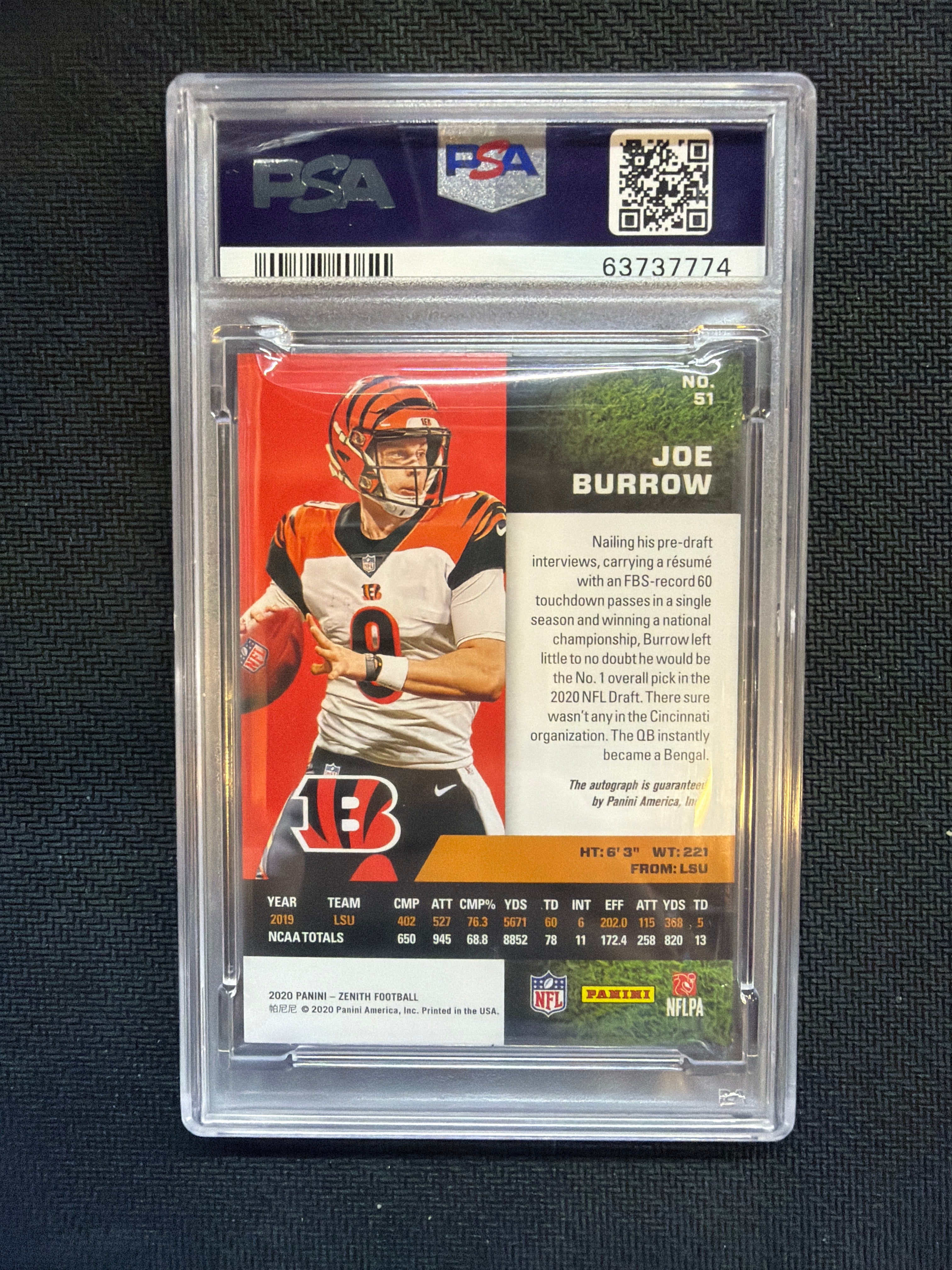 2020 Zenith Joe Burrow Rookie Auto PSA 9 Bengals
