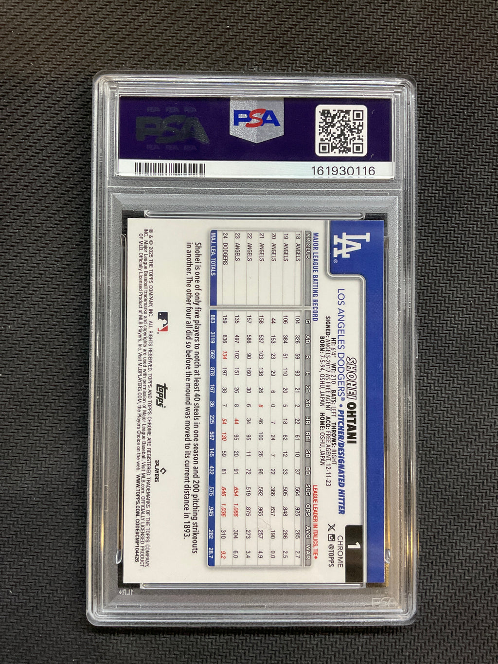 2025 Topps Chrome Sapphire Shohei Ohtani PSA 10 Dodgers 116