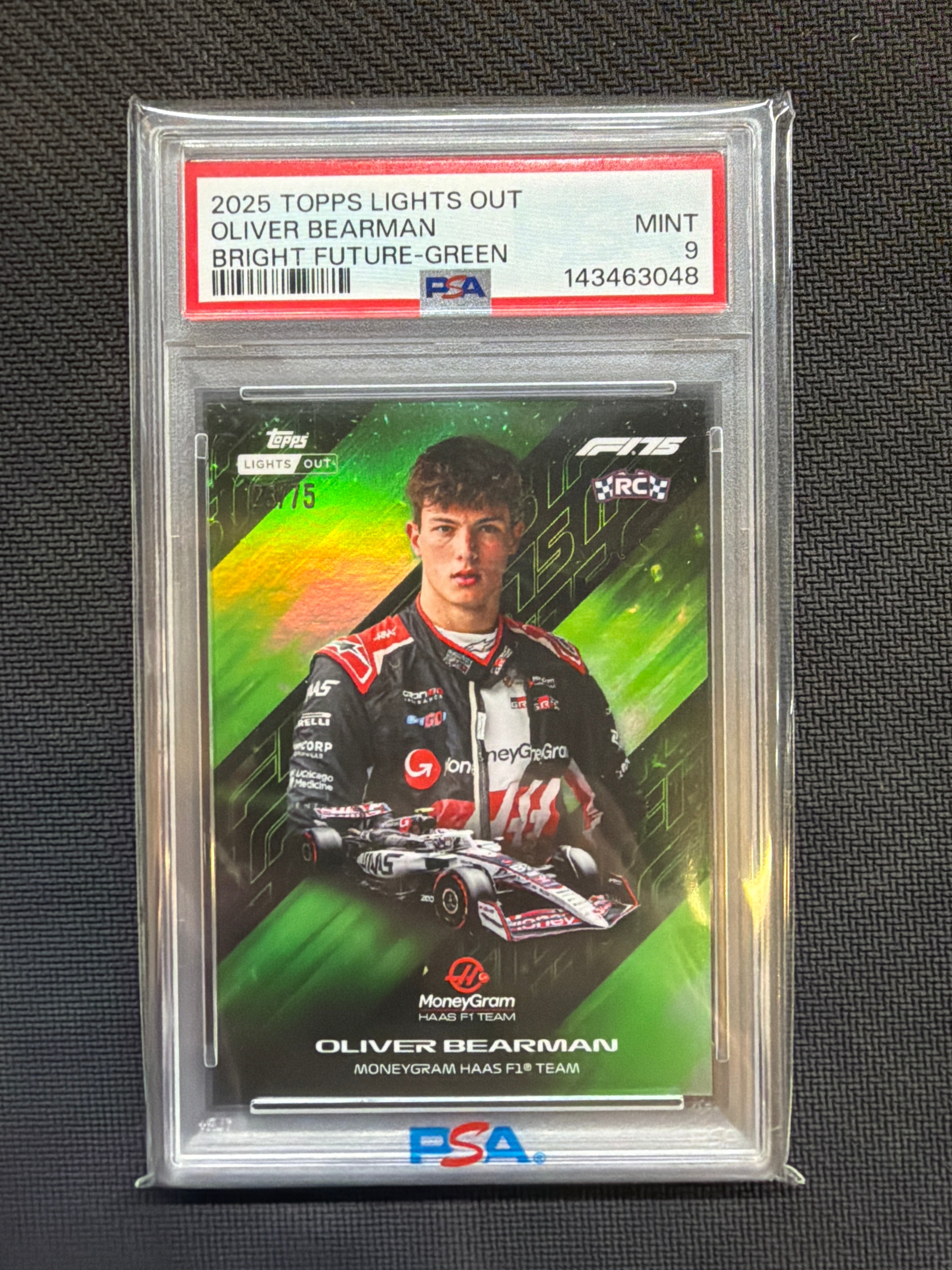 2025 Topps Lights Out Oliver Bearman Bright Future Green /75 PSA 9 Haas
