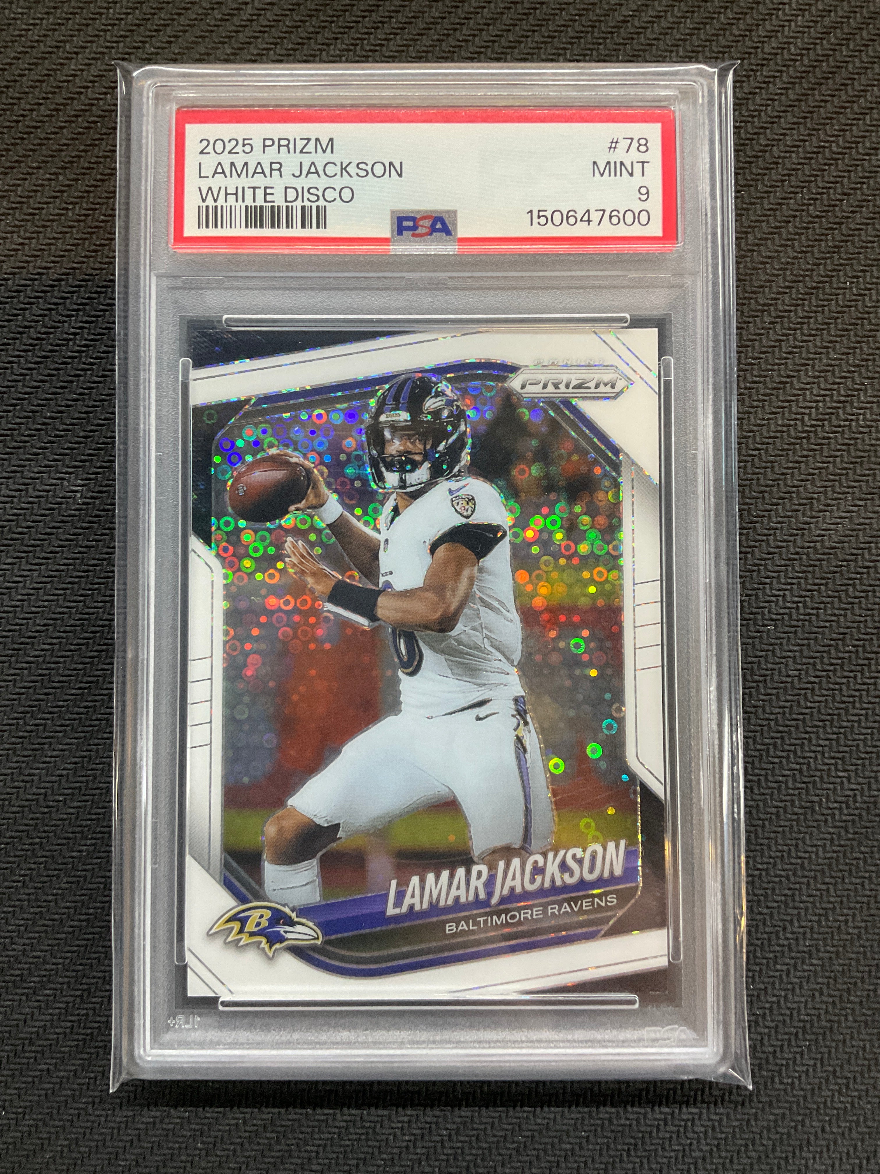 2025 Prizm Lamar Jackson White Disco PSA 9 Ravens