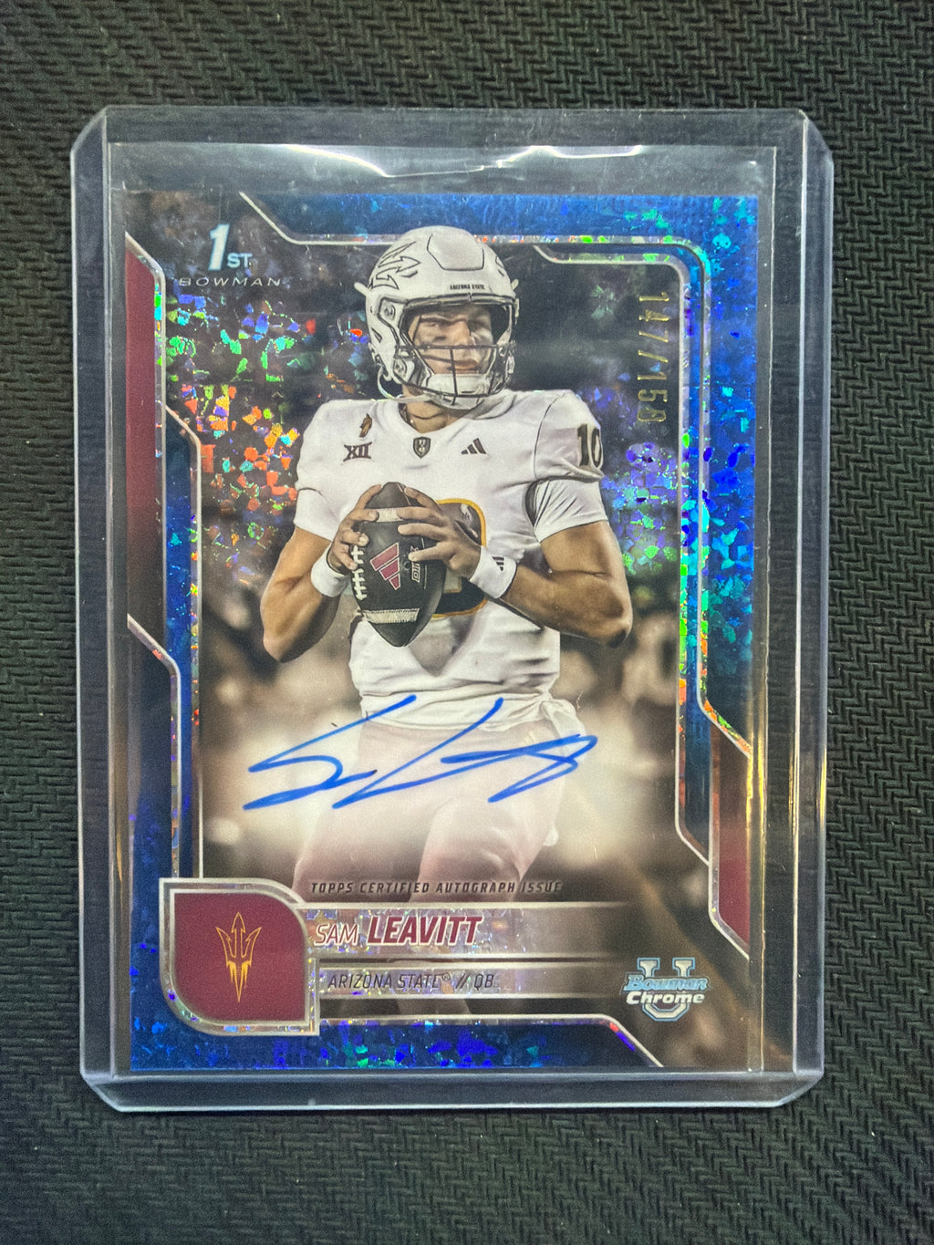 2025 Bowman U Chrome Sam Leavitt Blue Speckle Auto /150 Arizona State