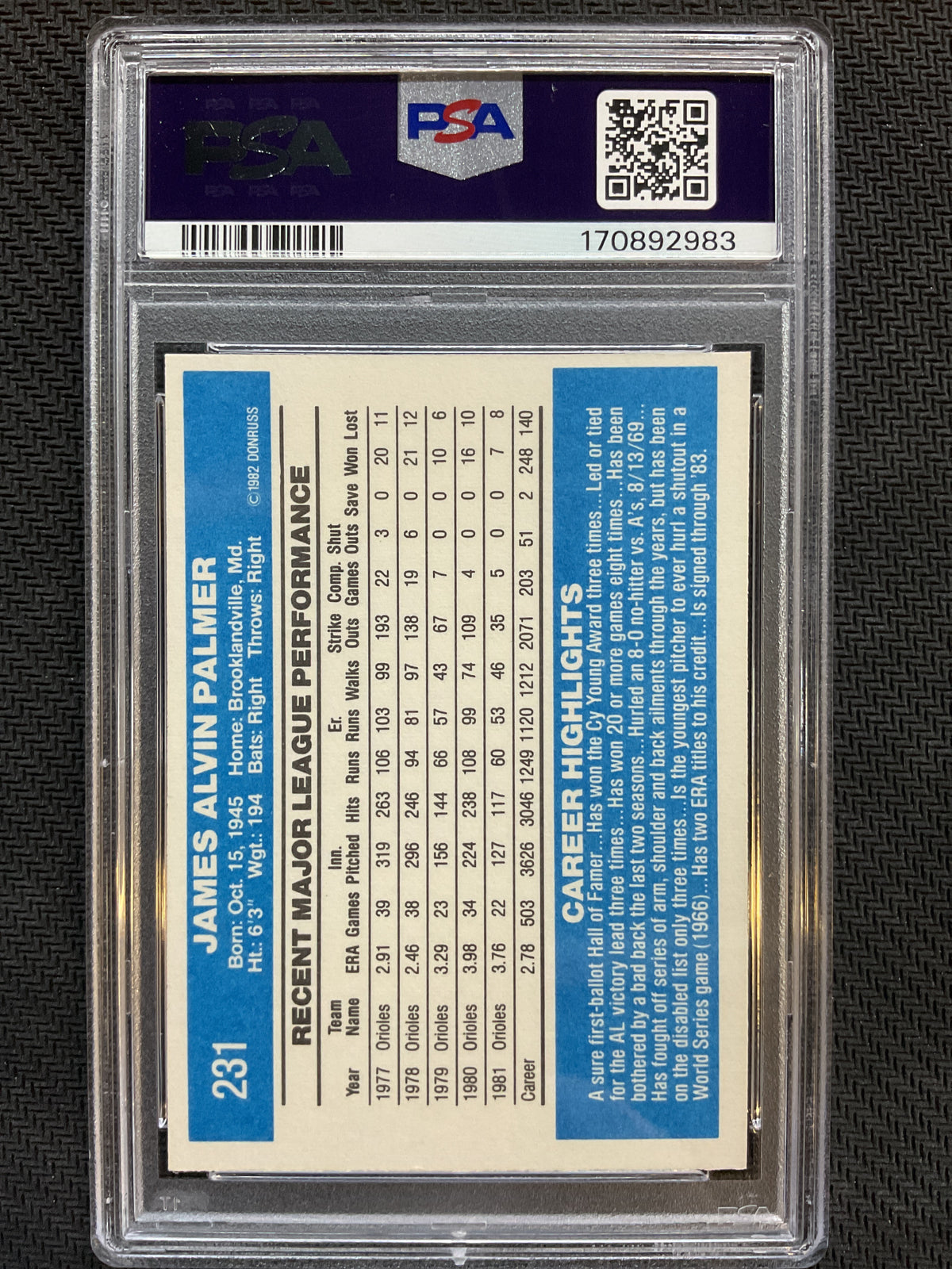 1982 Donruss #231 Jim Palmer PSA 7