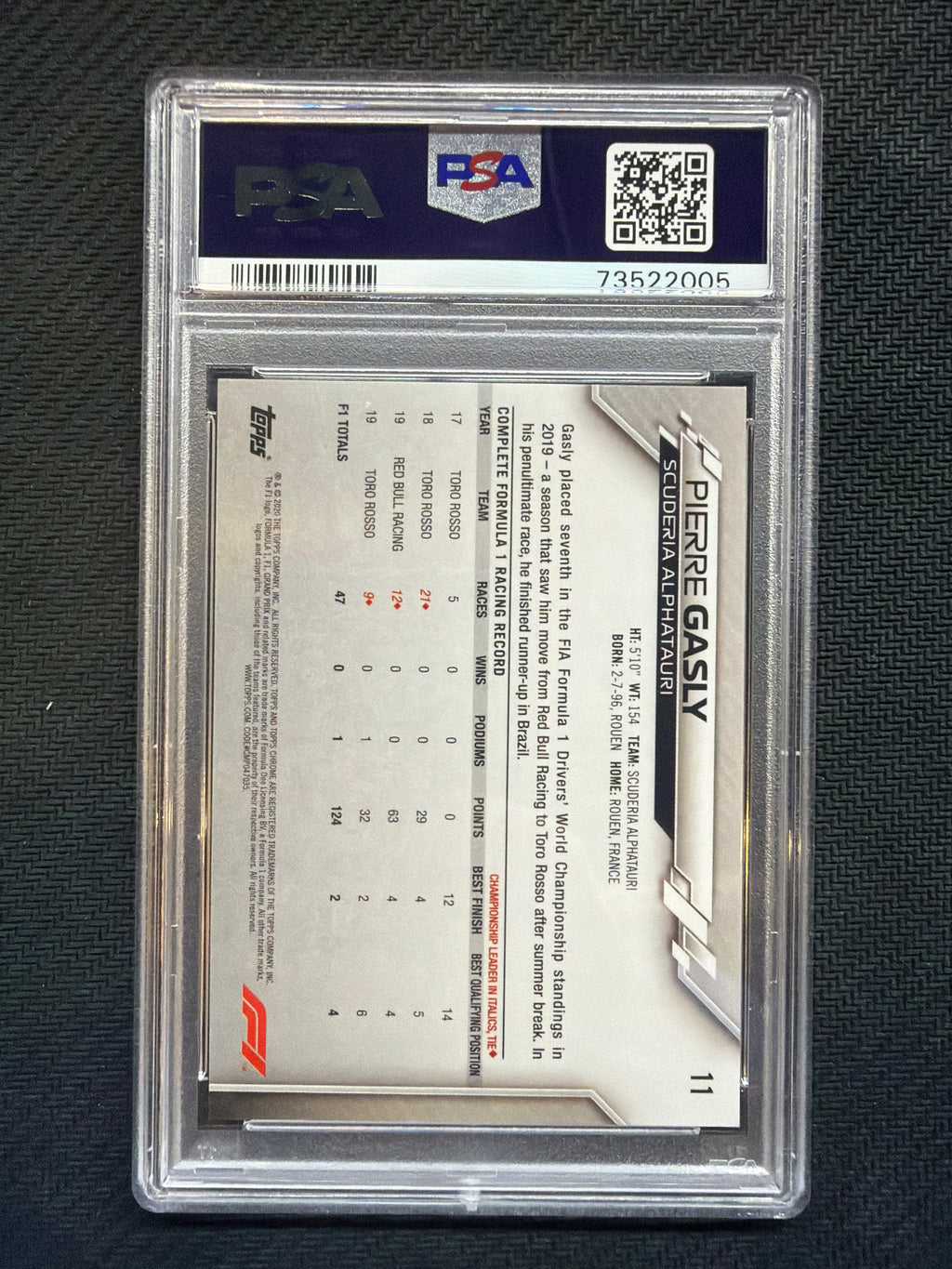 2020 Topps Chrome F1 Sapphire Pierre Gasly Image Variation SP PSA 10 005
