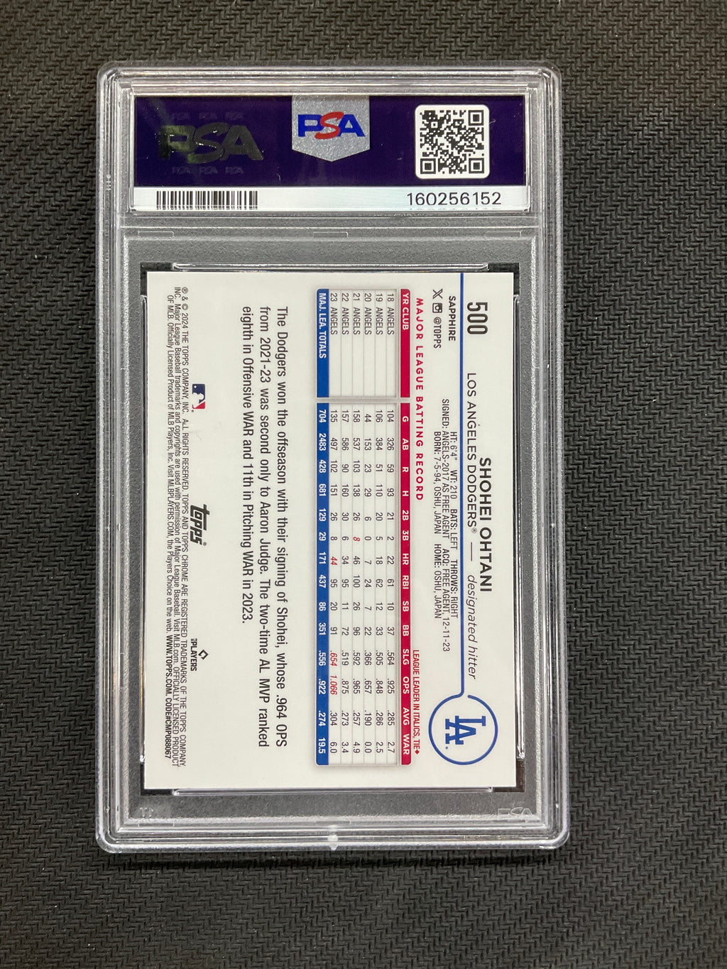 2024 Topps Chrome Sapphire Shohei Ohtani #500 PSA 10 Dodgers