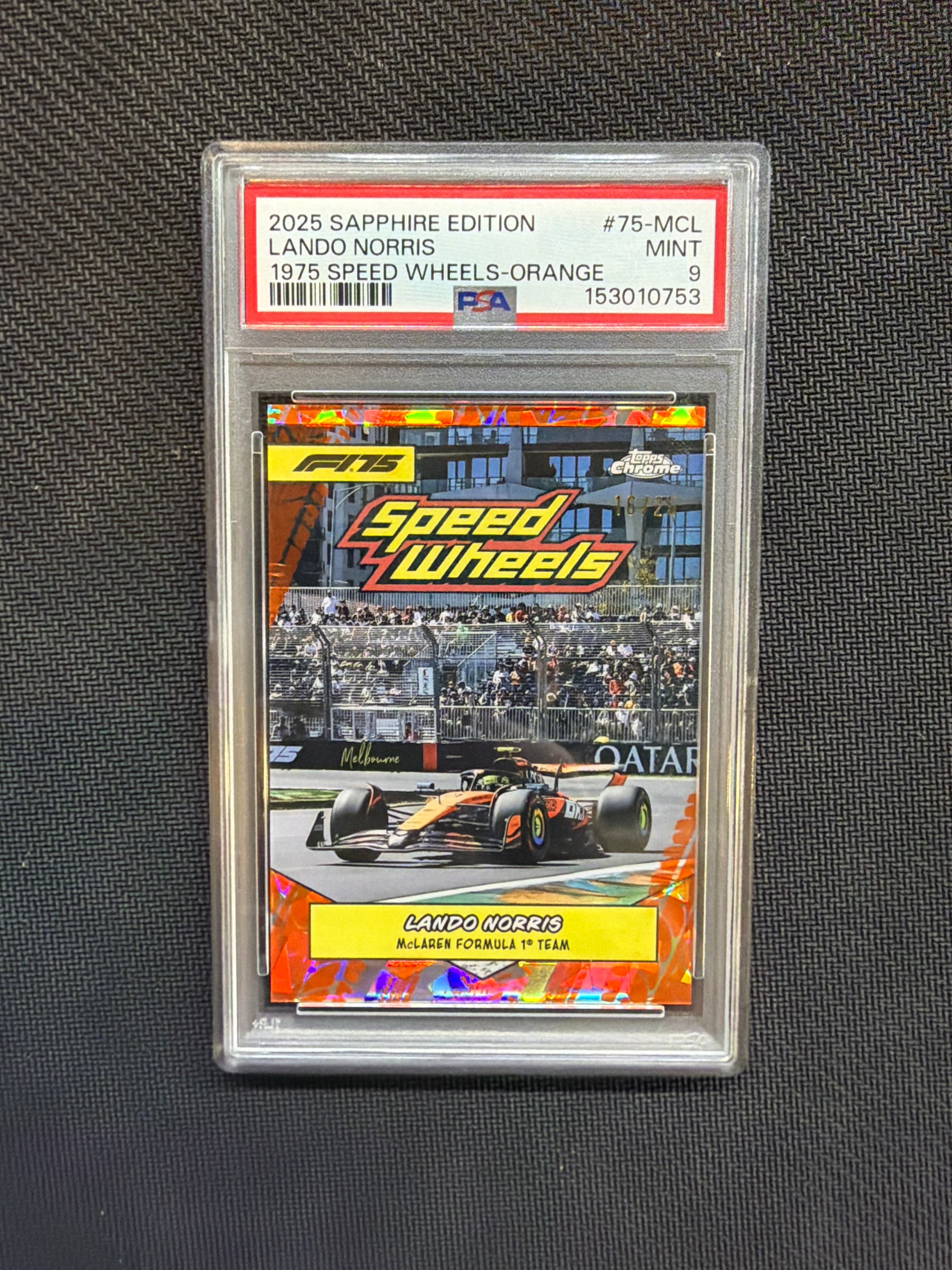 2025 Topps Chrome F1 Sapphire Lando Norris 75 Speed Wheels /25 PSA 9