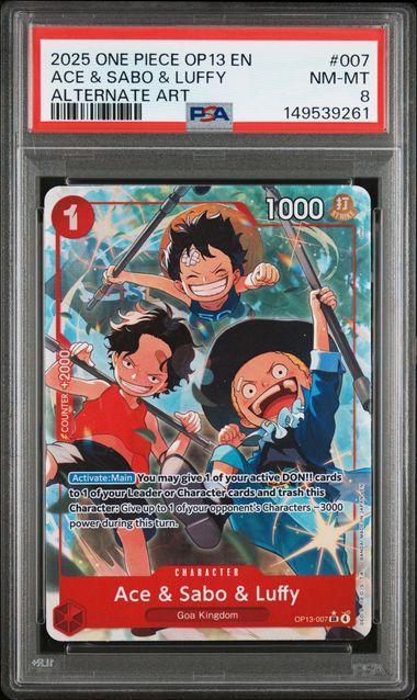 2025 One Piece OP13 Ace & Sabo & Luffy 007 Alt Art PSA 8