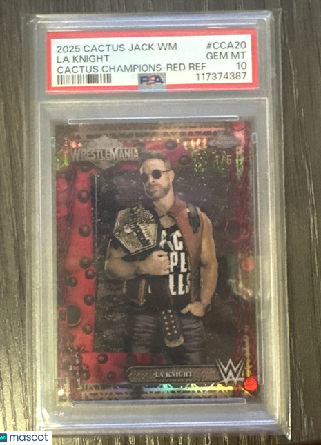 2025 Topps Chrome WWE Cactus Jack X Wrestlemania Cactus Champions La Knight Red Ref #CCA20 PSA 10