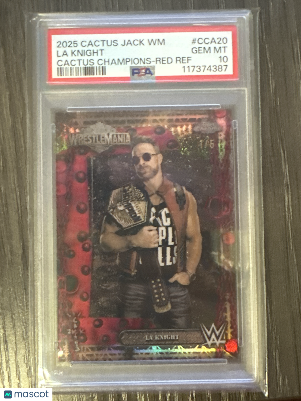 2025 Topps Chrome WWE Cactus Jack X Wrestlemania Cactus Champions La Knight Red Ref #CCA20 PSA 10