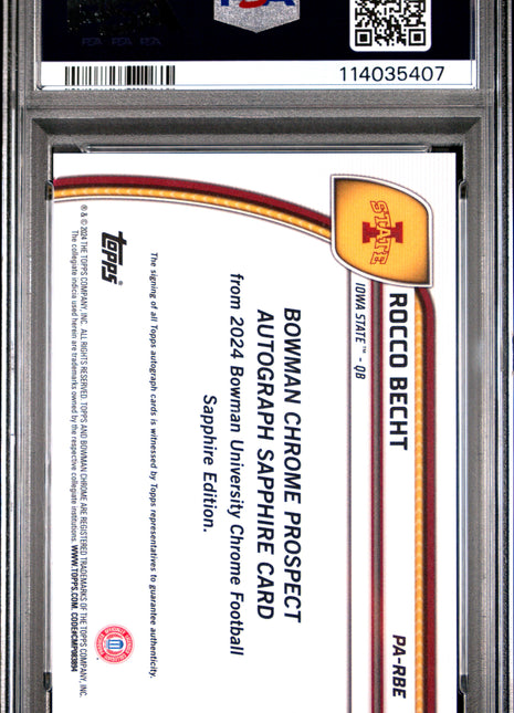 2024 Bowman University Chrome Bowman Chrome Sapphire Prospect Autographs Rocco Becht #PARBE PSA 10